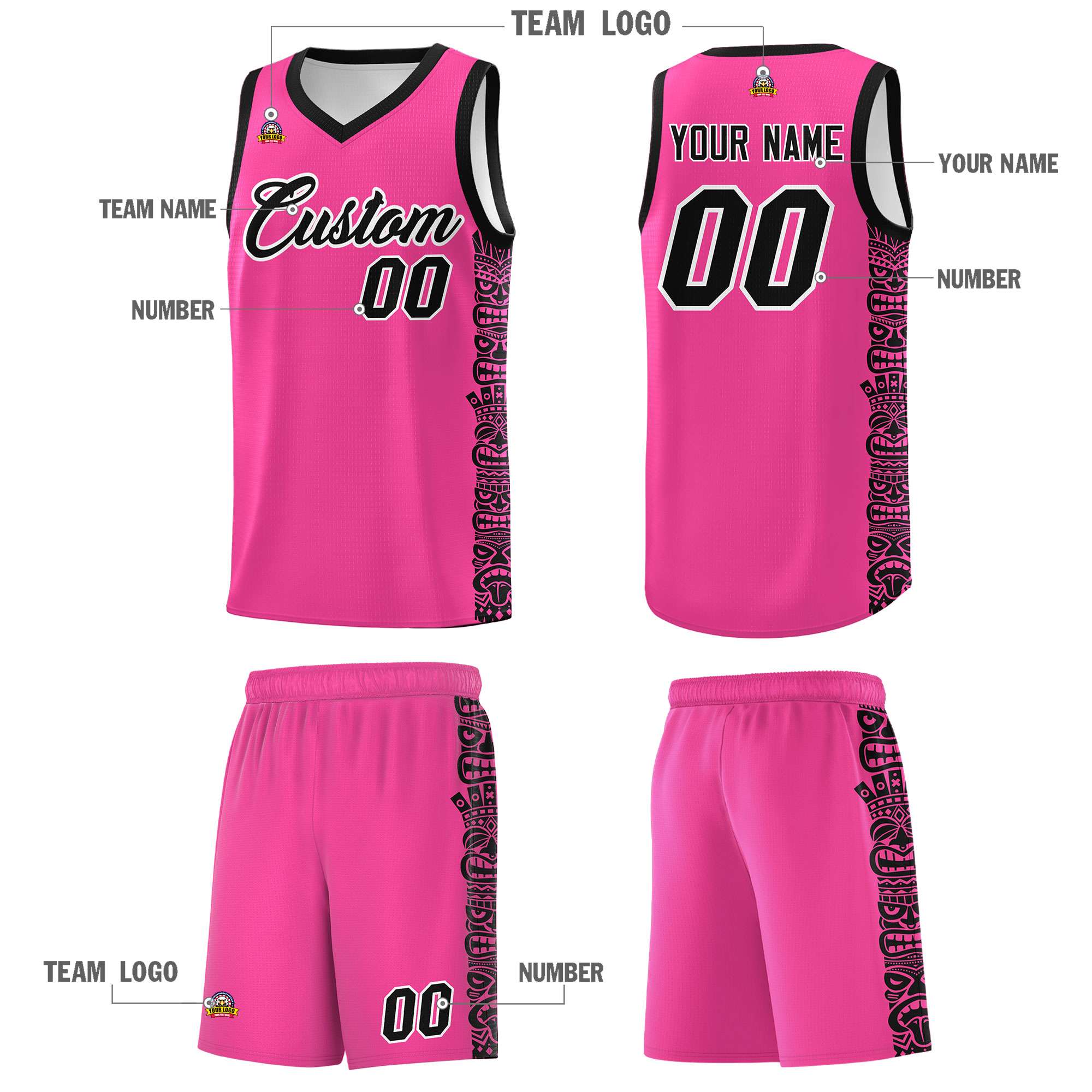 Custom Pink Black Personalized Indians Pattern Sets Sports Uniform Basketball Jersey