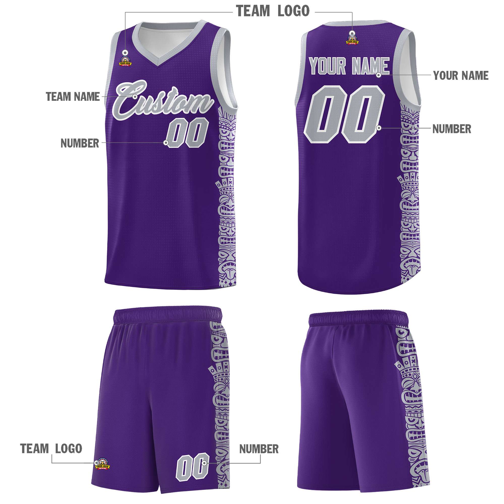 Custom Purple Gray Personalized Indians Pattern Sets Sports Uniform Basketball Jersey