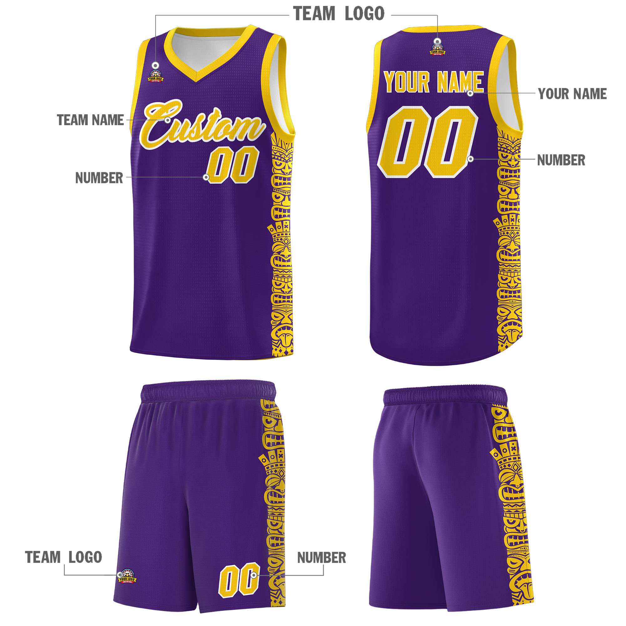 Custom Purple Gold Personalized Indians Pattern Sets Sports Uniform Basketball Jersey