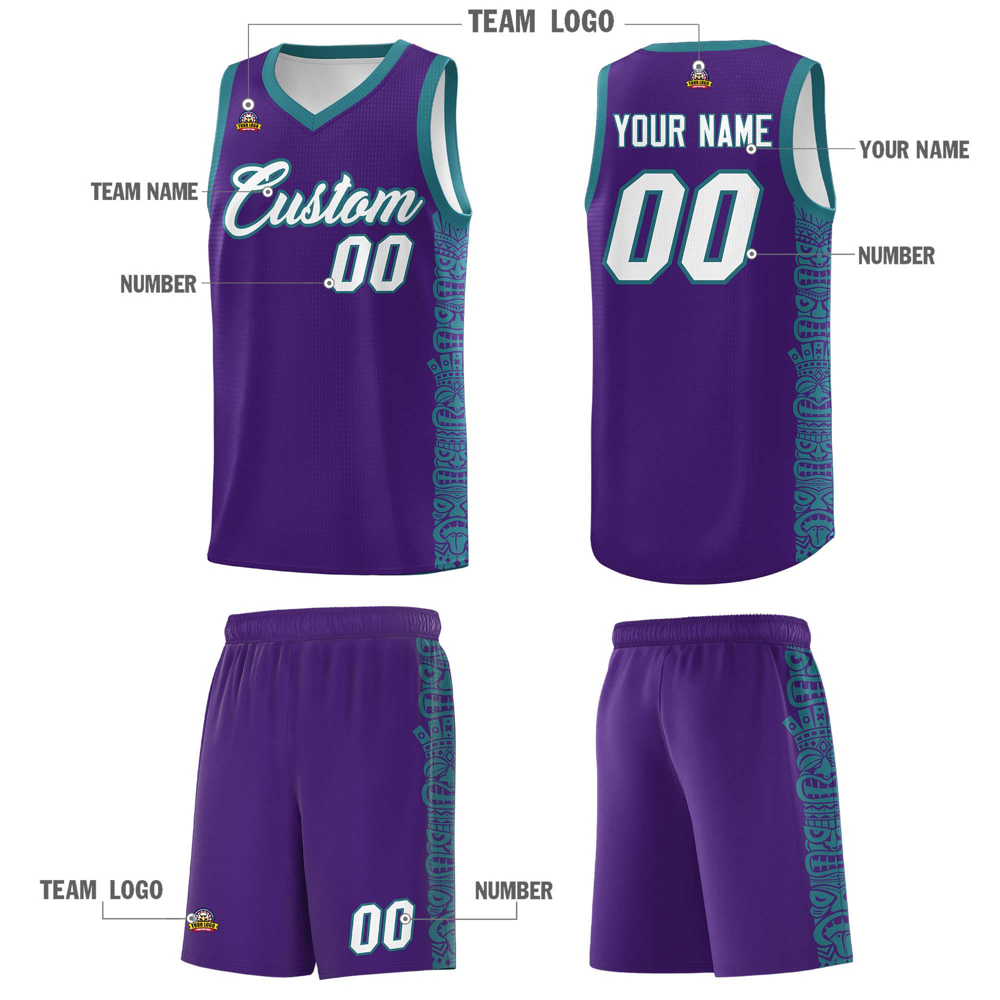 Custom Purple Aqua Personalized Indians Pattern Sets Sports Uniform Basketball Jersey