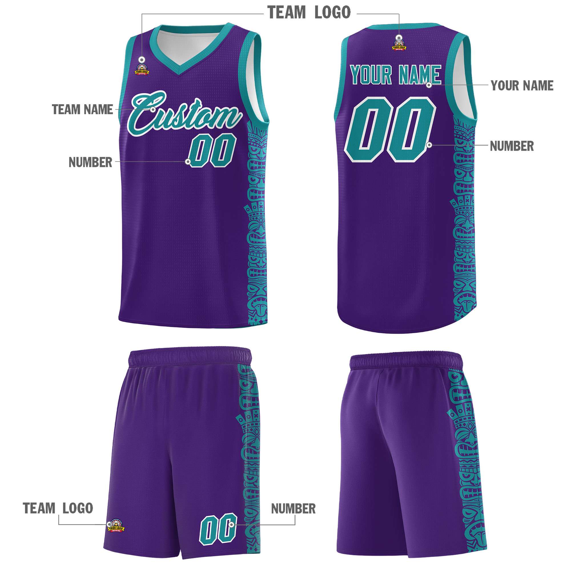 Custom Purple Aqua Personalized Indians Pattern Sets Sports Uniform Basketball Jersey