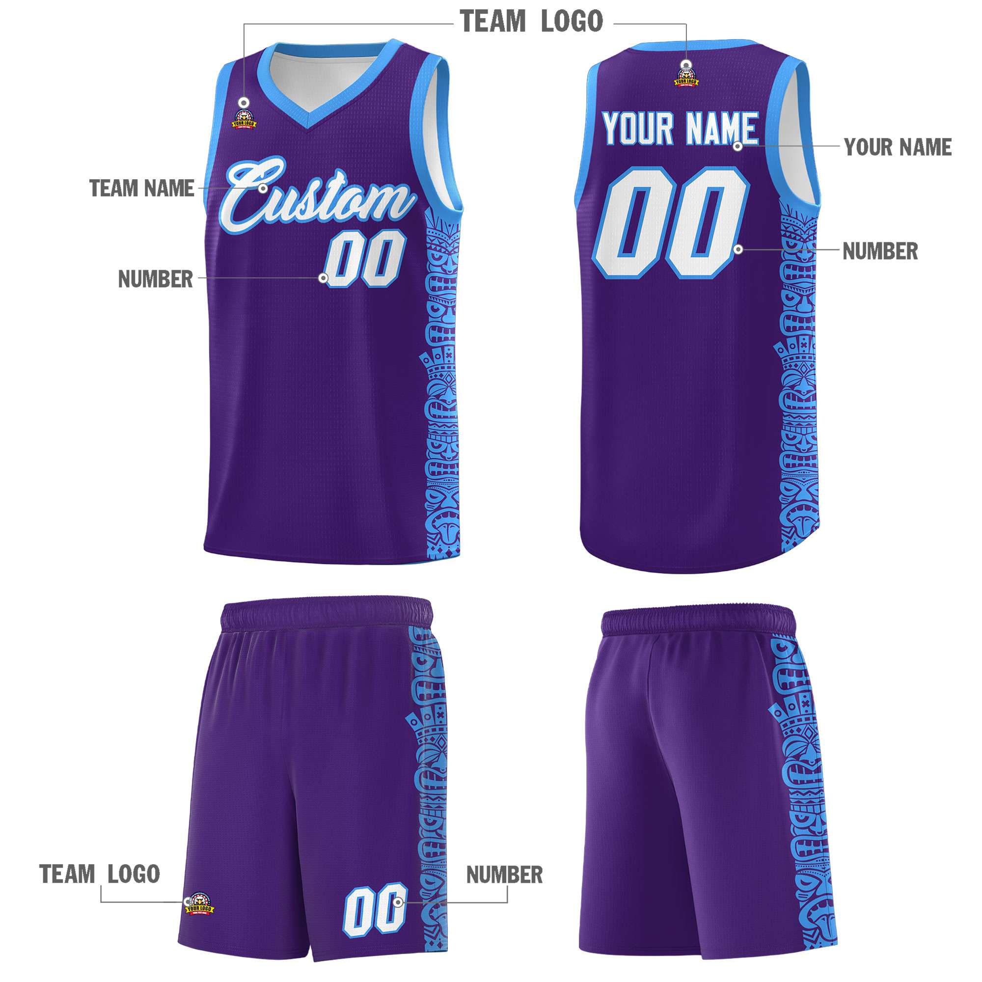 Custom Purple Powder Blue Personalized Indians Pattern Sets Sports Uniform Basketball Jersey