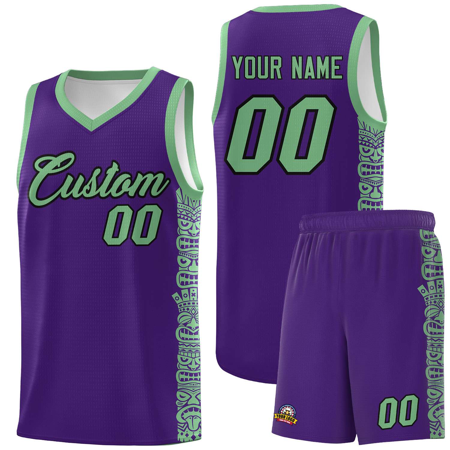 Custom Purple Green Personalized Indians Pattern Sets Sports Uniform Basketball Jersey