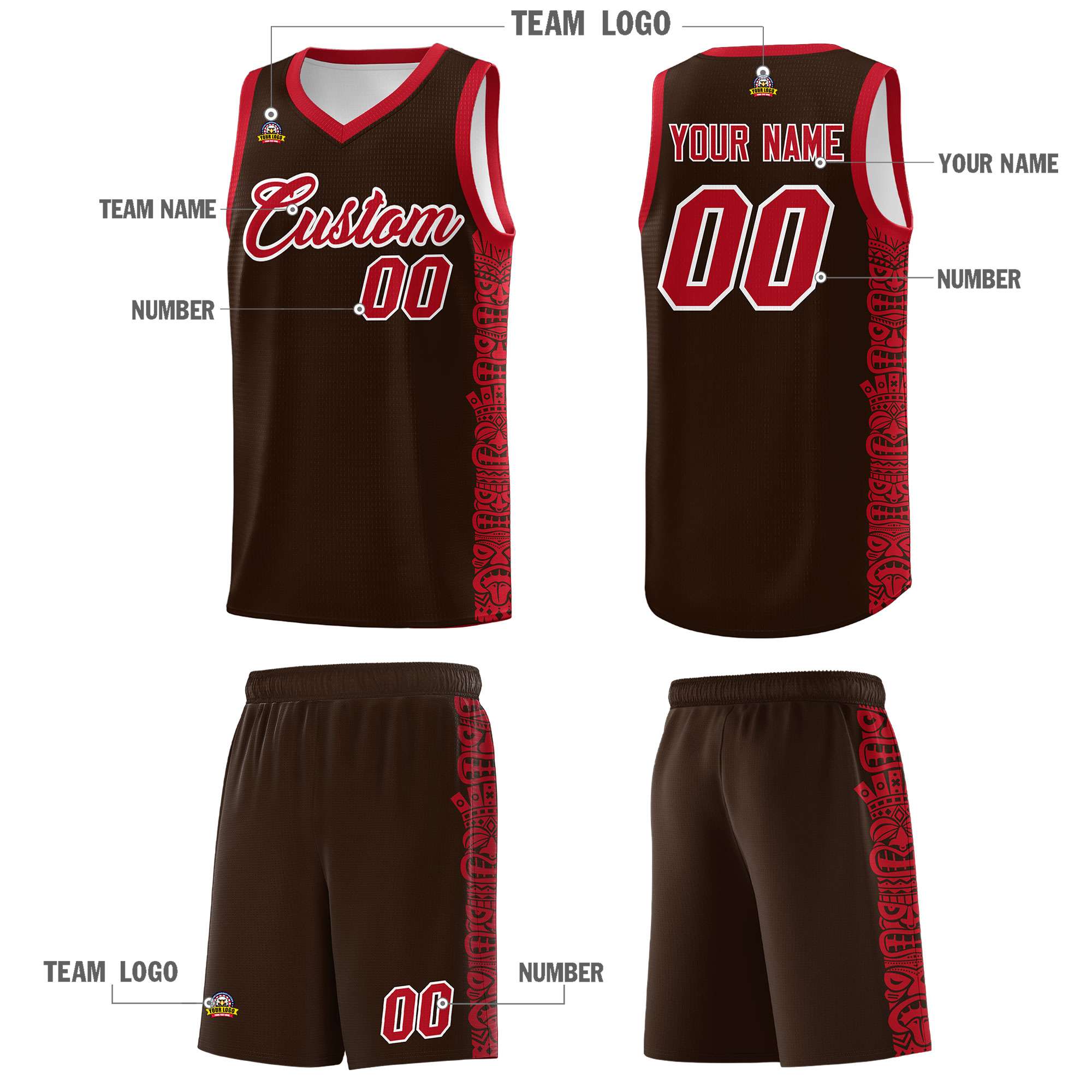 Custom Brown Red Personalized Indians Pattern Sets Sports Uniform Basketball Jersey