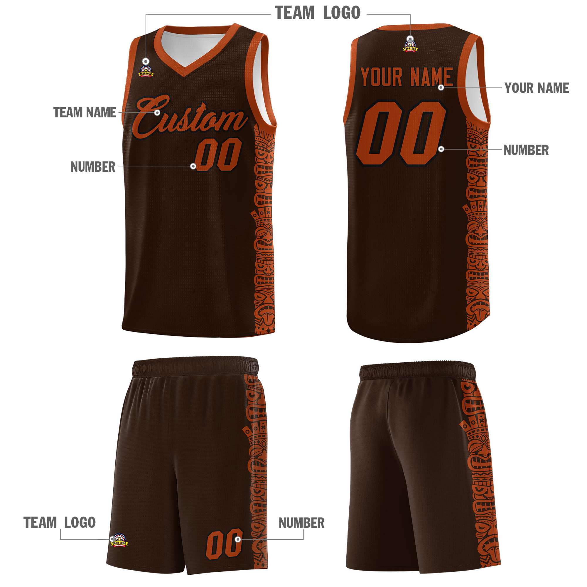 Custom Brown Texas Orange Personalized Indians Pattern Sets Sports Uniform Basketball Jersey