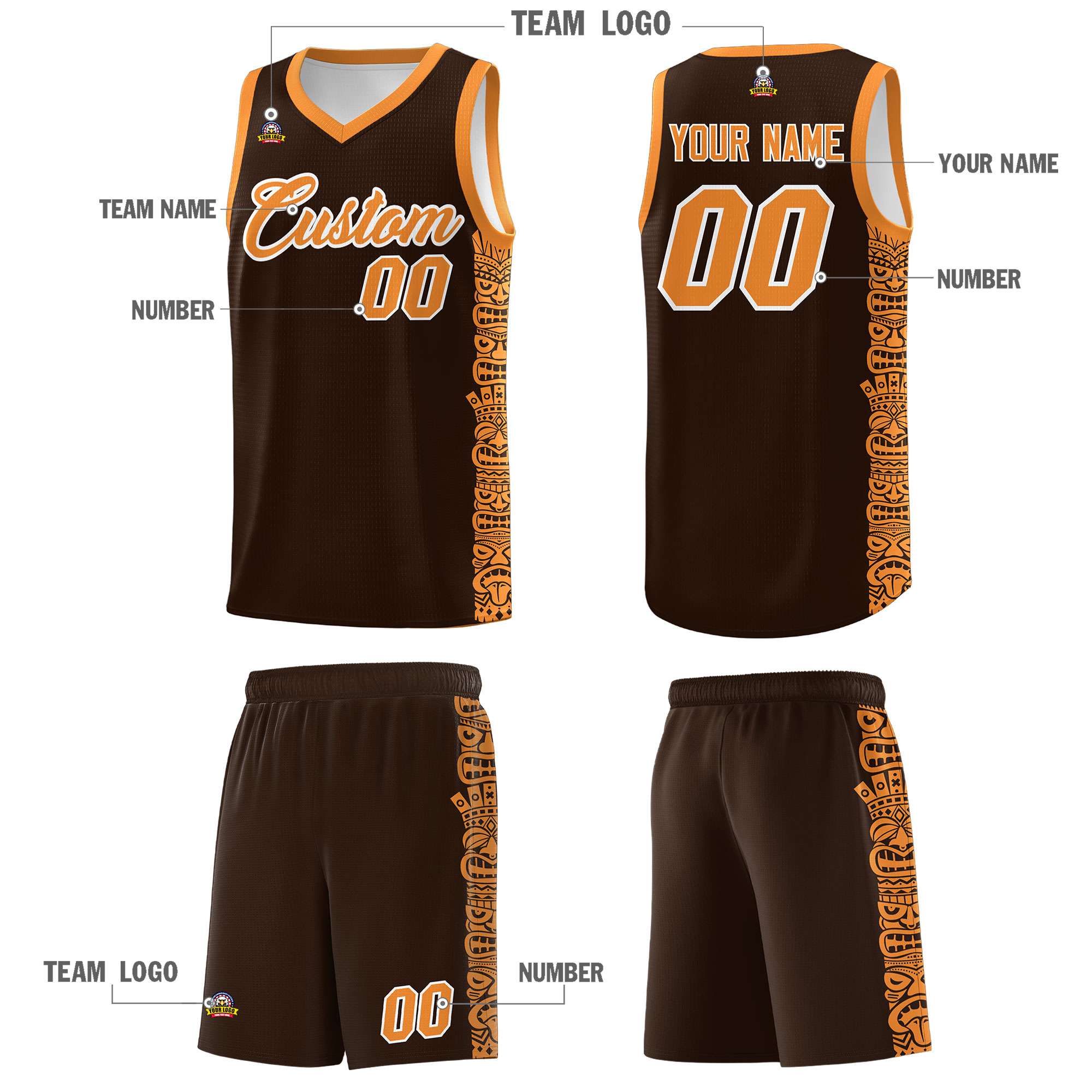 Custom Brown Orange Personalized Indians Pattern Sets Sports Uniform Basketball Jersey