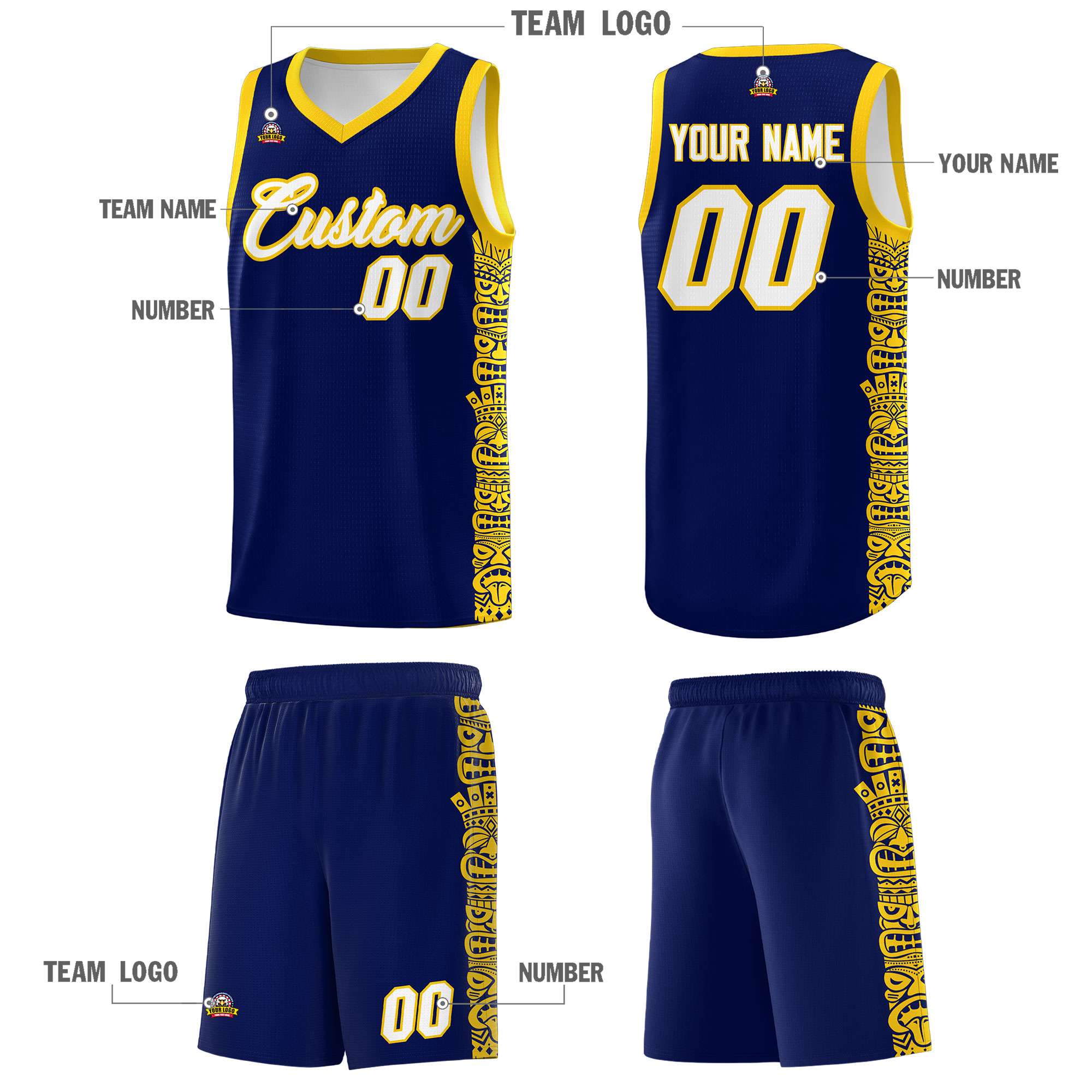 Custom Navy Gold Personalized Indians Pattern Sets Sports Uniform Basketball Jersey