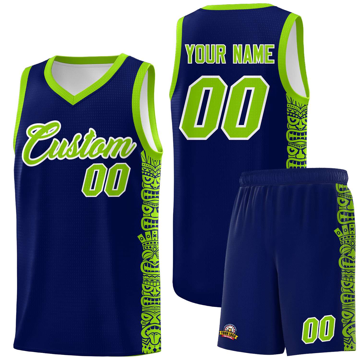 Custom Navy Neon Green Personalized Indians Pattern Sets Sports Uniform Basketball Jersey