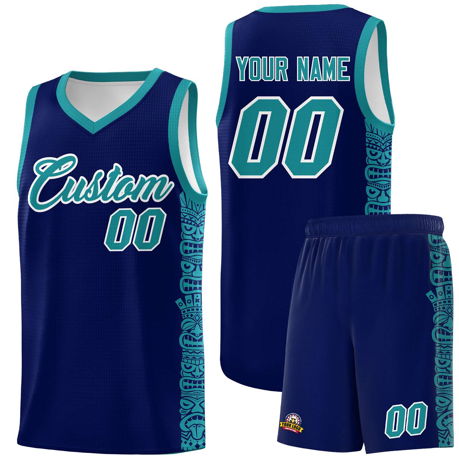 Custom Navy Aqua Personalized Indians Pattern Sets Sports Uniform Basketball Jersey