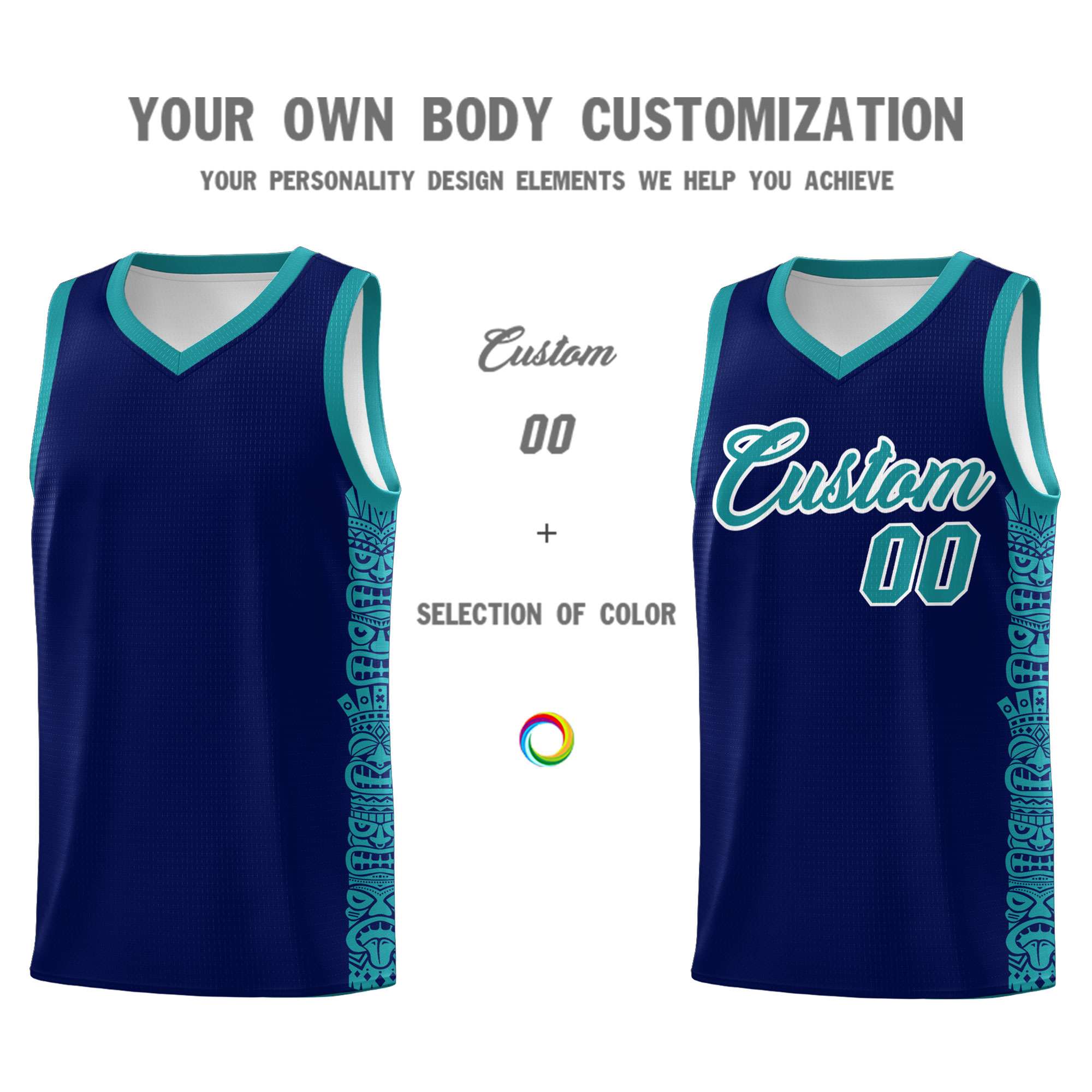 Custom Navy Aqua Personalized Indians Pattern Sets Sports Uniform Basketball Jersey