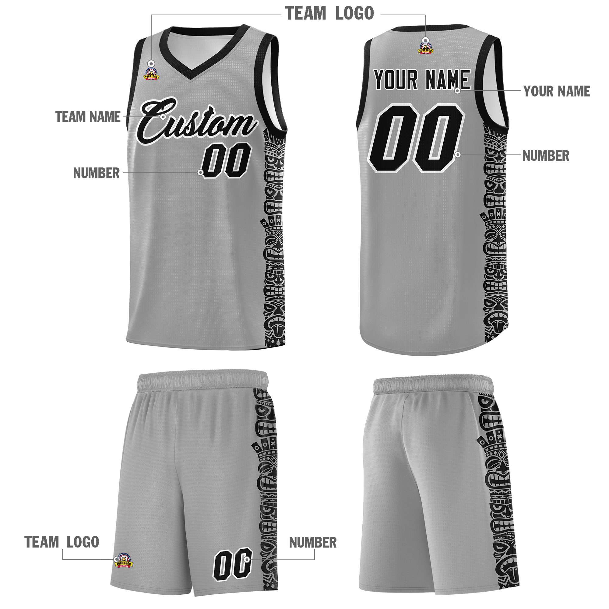 Custom Gray Black Personalized Indians Pattern Sets Sports Uniform Basketball Jersey