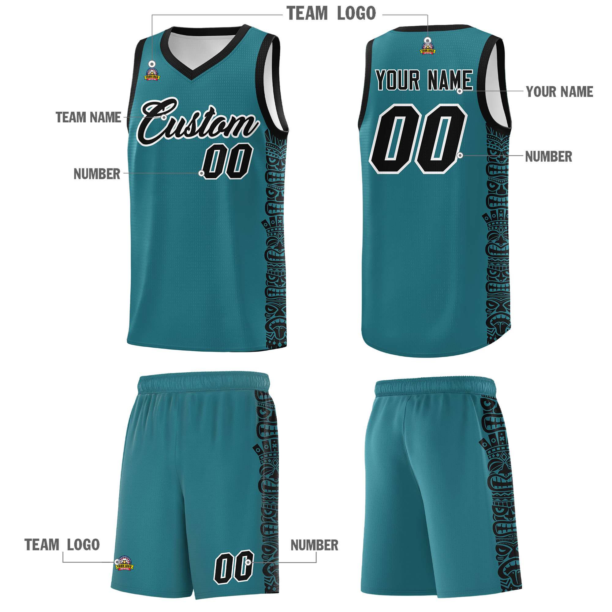 Custom Aqua Black Personalized Indians Pattern Sets Sports Uniform Basketball Jersey