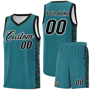 Custom Aqua Black Personalized Indians Pattern Sets Sports Uniform Basketball Jersey