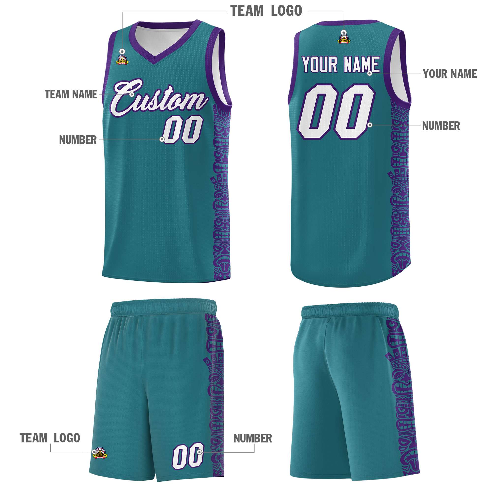 Custom Aqua Purple Personalized Indians Pattern Sets Sports Uniform Basketball Jersey