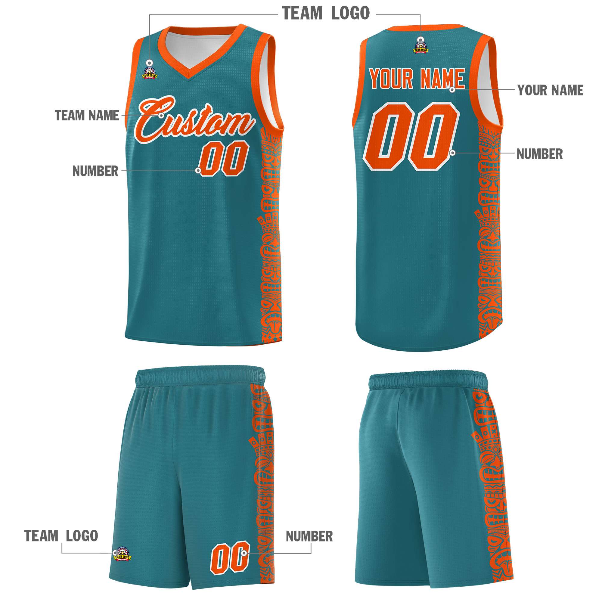 Custom Aqua Orange Personalized Indians Pattern Sets Sports Uniform Basketball Jersey