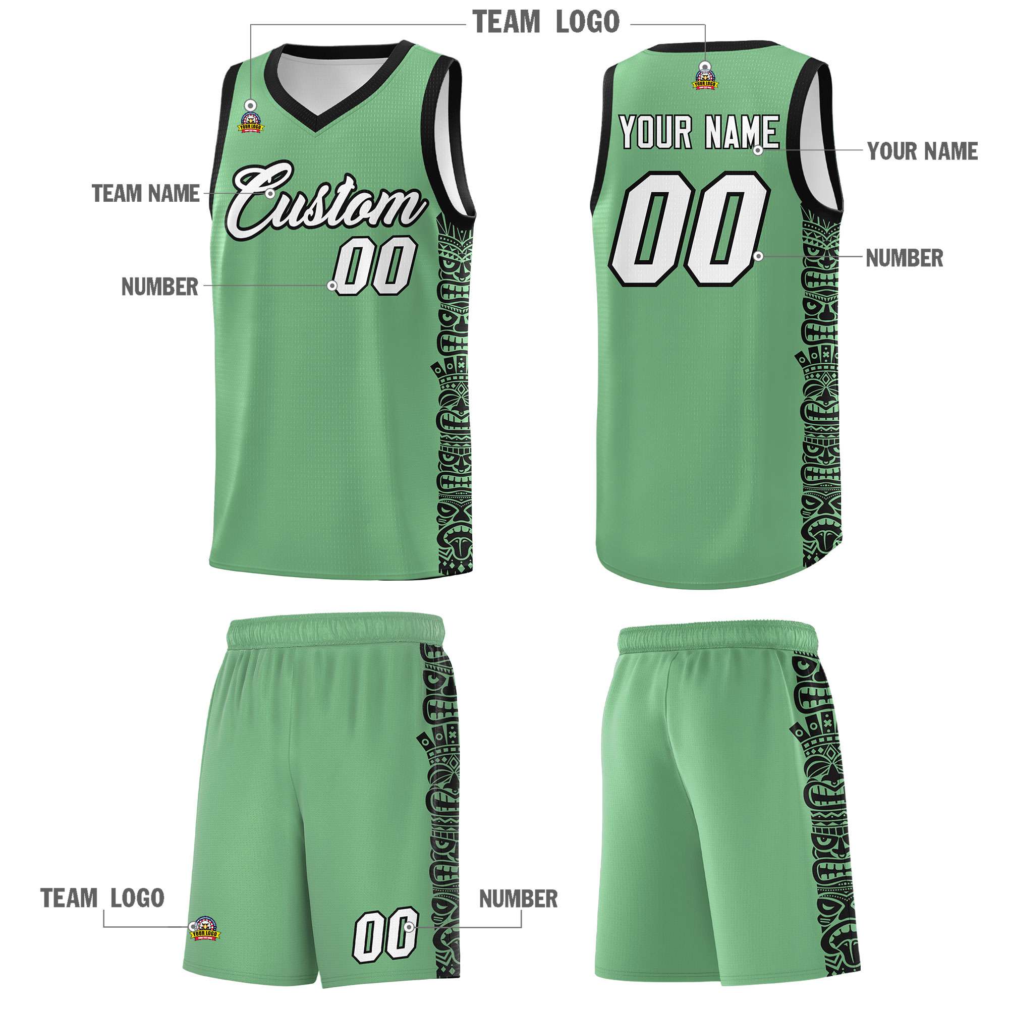 Custom Green Black Personalized Indians Pattern Sets Sports Uniform Basketball Jersey