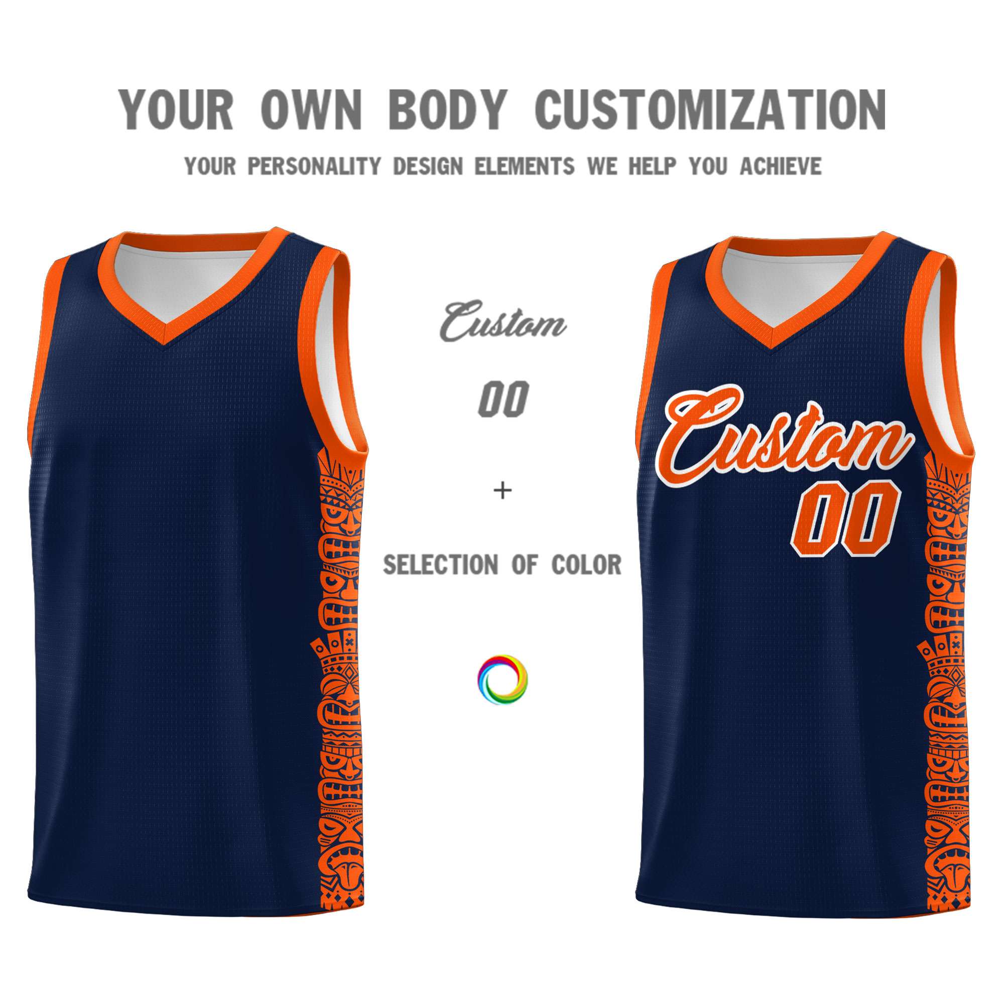 Custom Navy Orange Personalized Indians Pattern Sets Sports Uniform Basketball Jersey