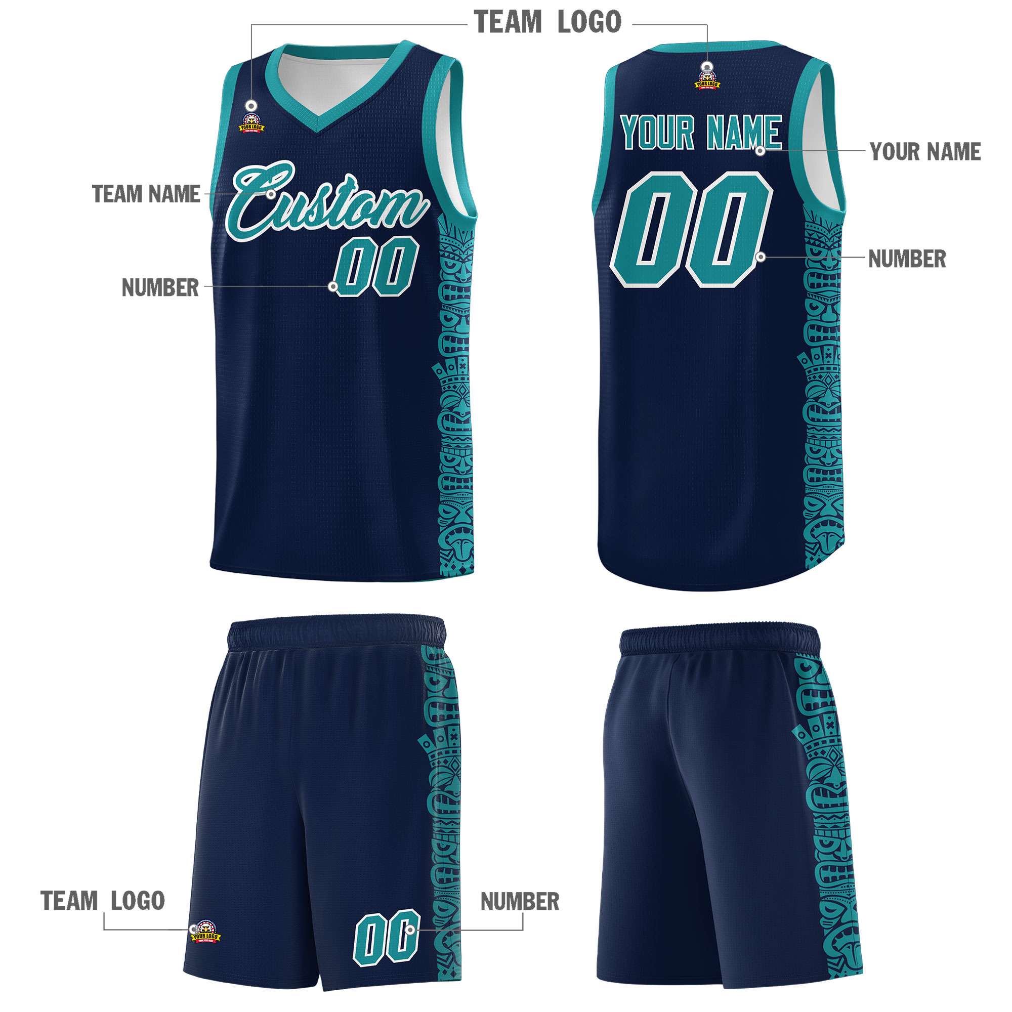 Custom Navy Aqua Personalized Indians Pattern Sets Sports Uniform Basketball Jersey