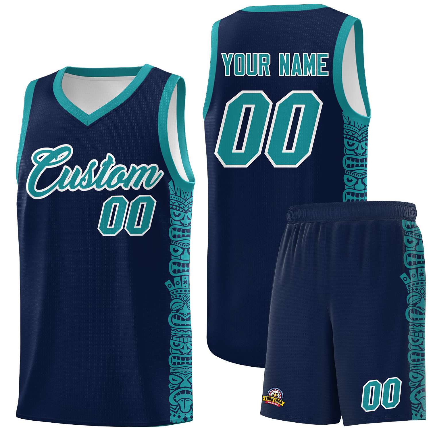 Custom Navy Aqua Personalized Indians Pattern Sets Sports Uniform Basketball Jersey