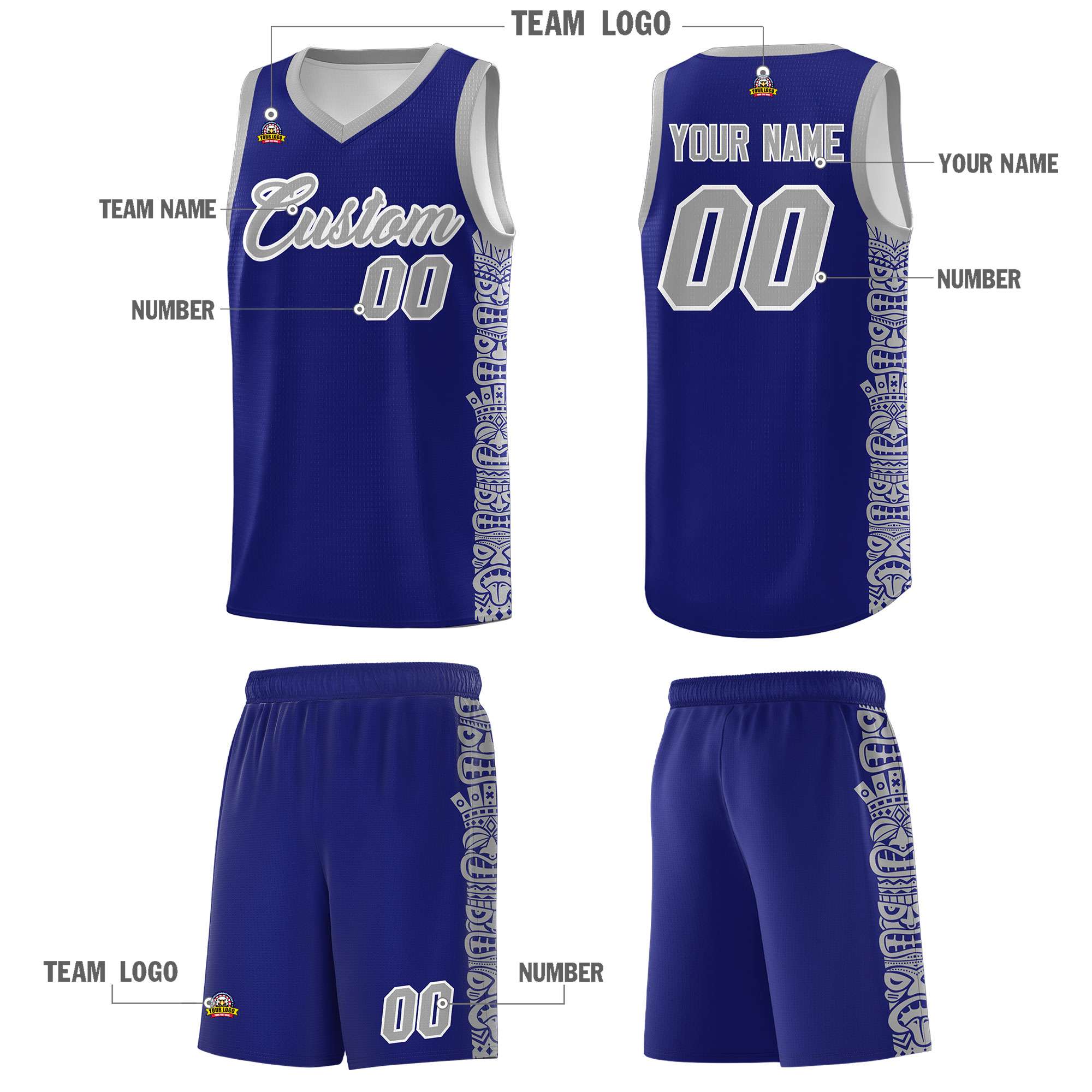 Custom Royal Gray Personalized Indians Pattern Sets Sports Uniform Basketball Jersey