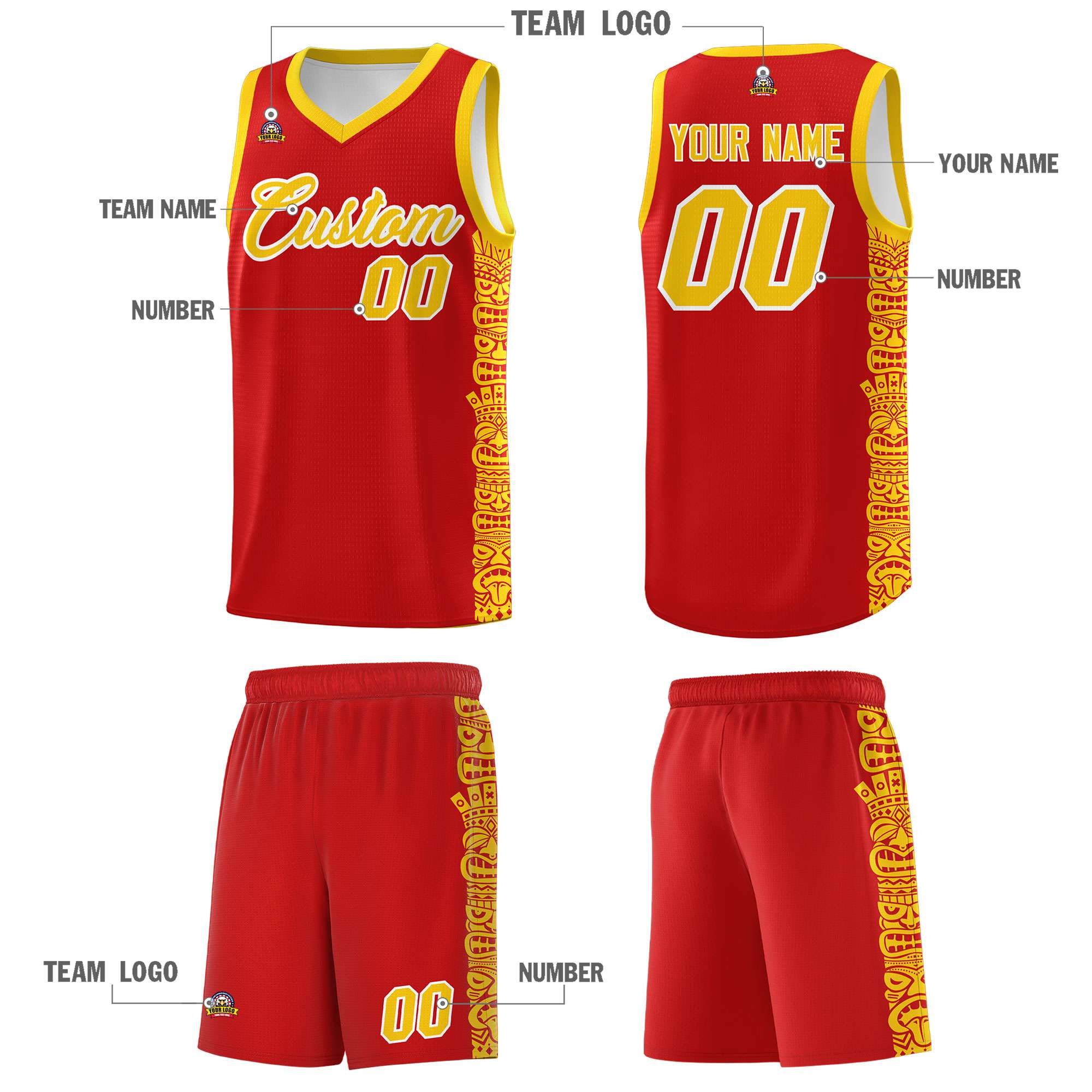 Custom Red Gold Personalized Indians Pattern Sets Sports Uniform Basketball Jersey