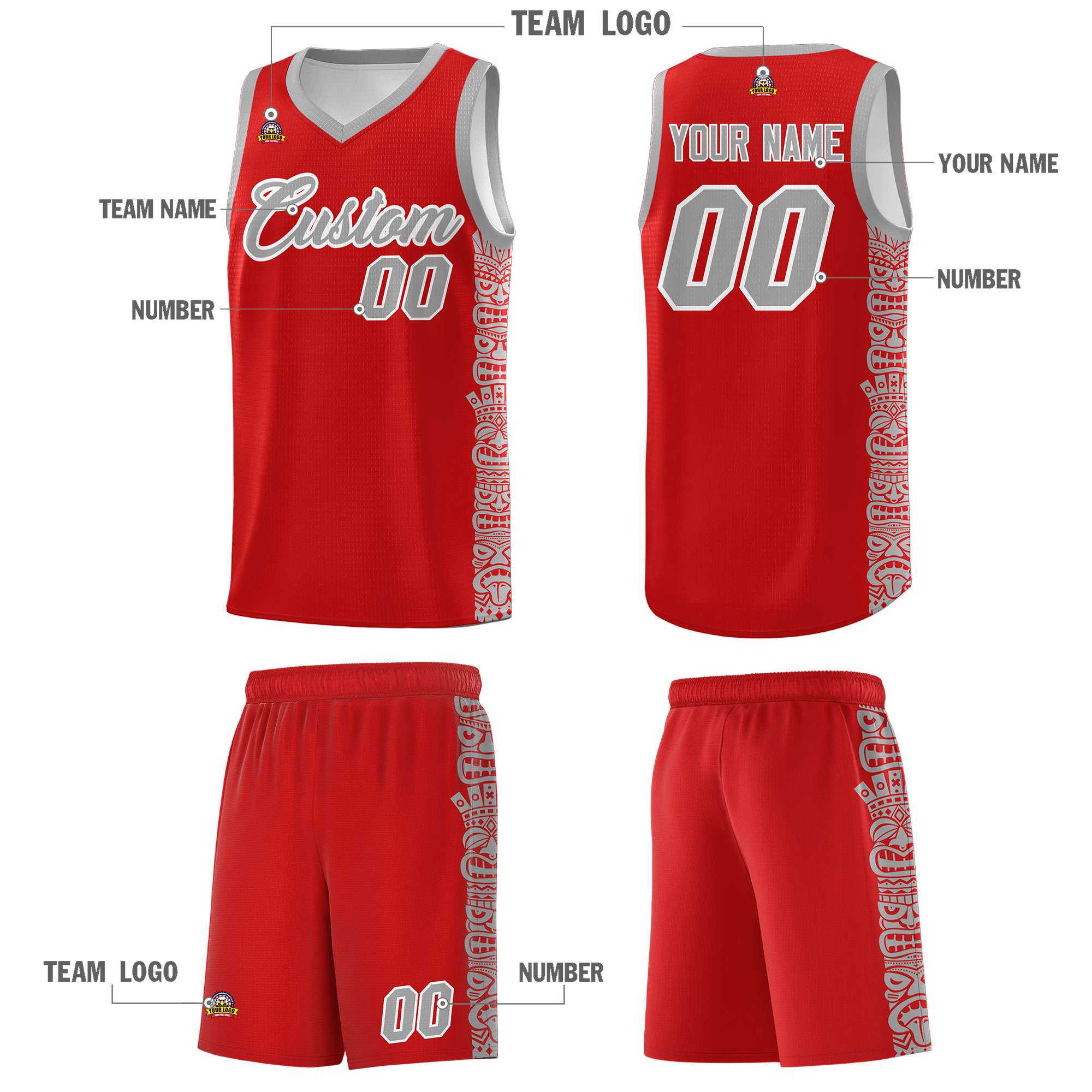 Custom Red Gray Personalized Indians Pattern Sets Sports Uniform Basketball Jersey