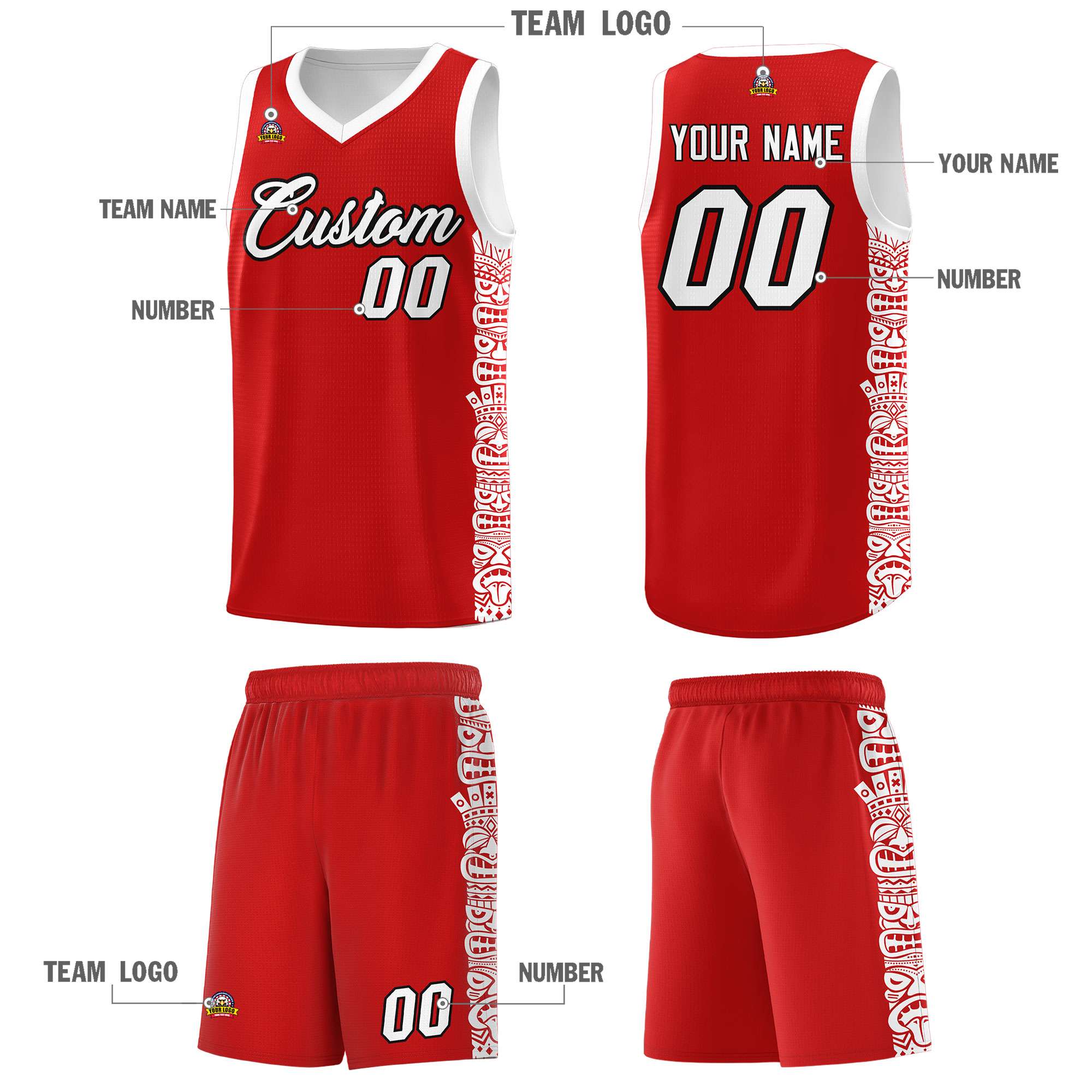 Custom Red White Personalized Indians Pattern Sets Sports Uniform Basketball Jersey