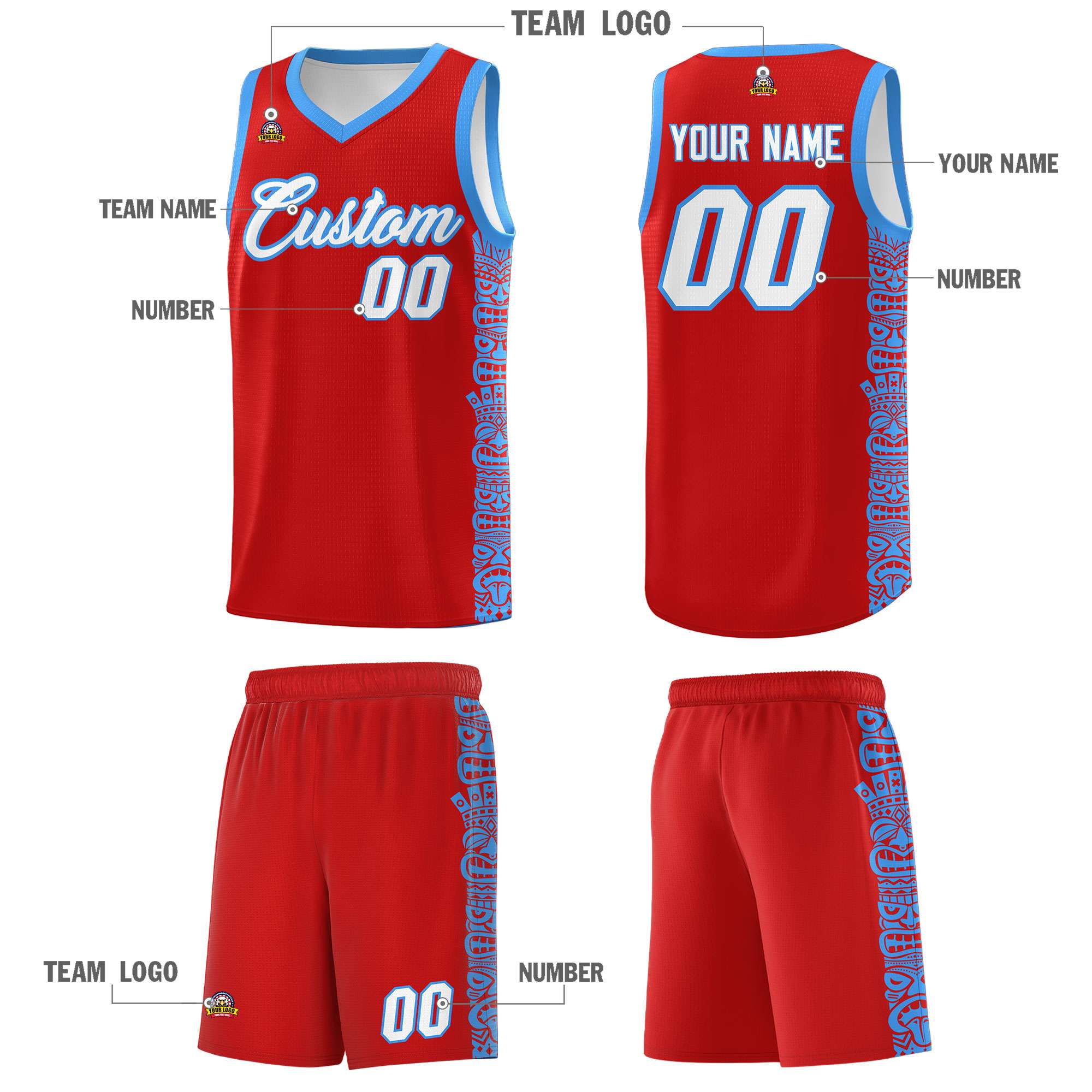 Custom Red Powder Blue Personalized Indians Pattern Sets Sports Uniform Basketball Jersey