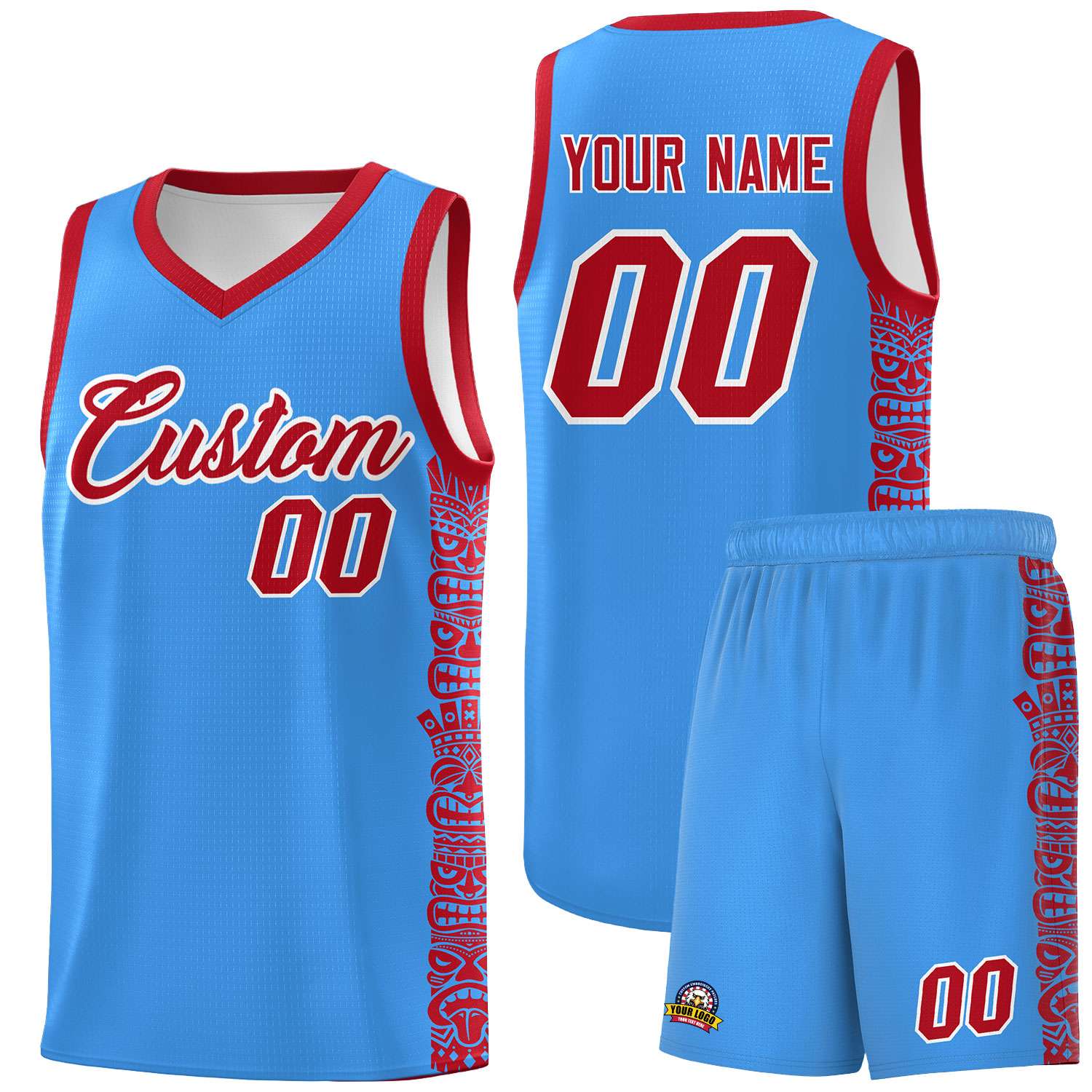 Custom Powder Blue Red Personalized Indians Pattern Sets Sports Uniform Basketball Jersey