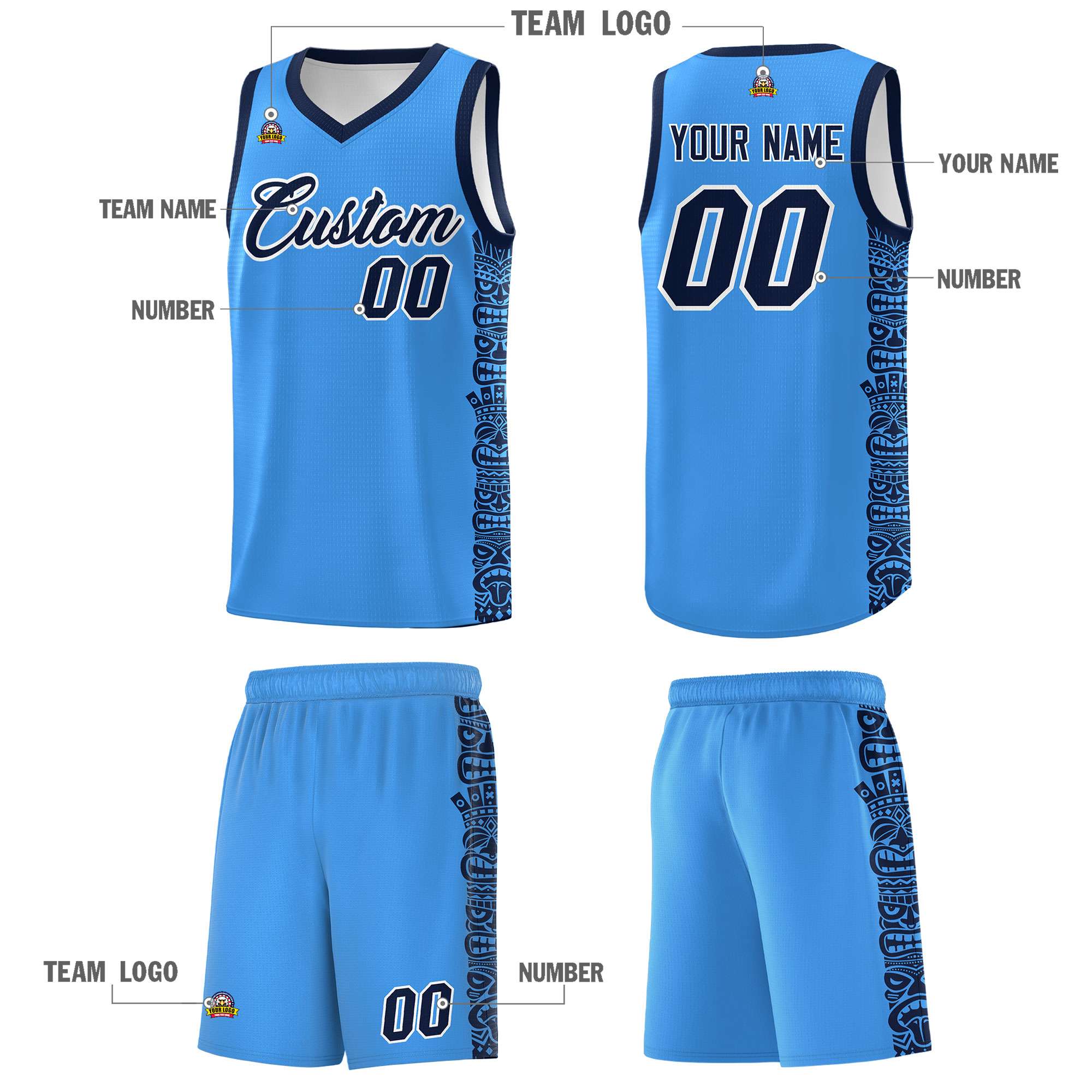 Custom Powder Blue Black Personalized Indians Pattern Sets Sports Uniform Basketball Jersey