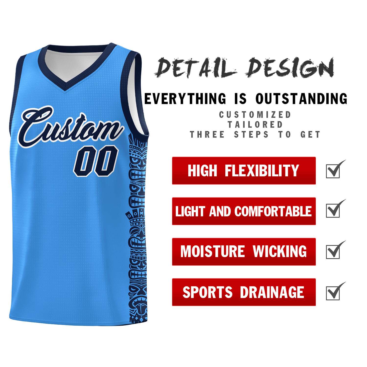 Custom Powder Blue Black Personalized Indians Pattern Sets Sports Uniform Basketball Jersey