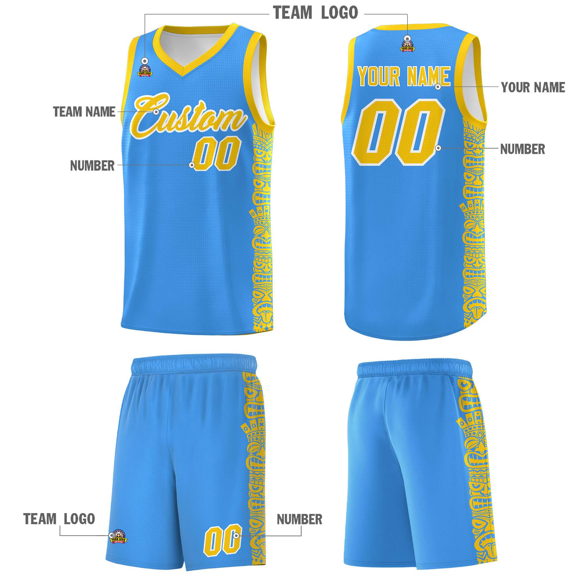 Custom Powder Blue Gold Personalized Indians Pattern Sets Sports Uniform Basketball Jersey