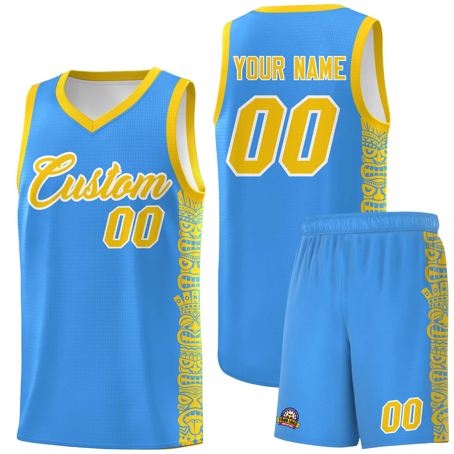 Custom Powder Blue Gold Personalized Indians Pattern Sets Sports Uniform Basketball Jersey