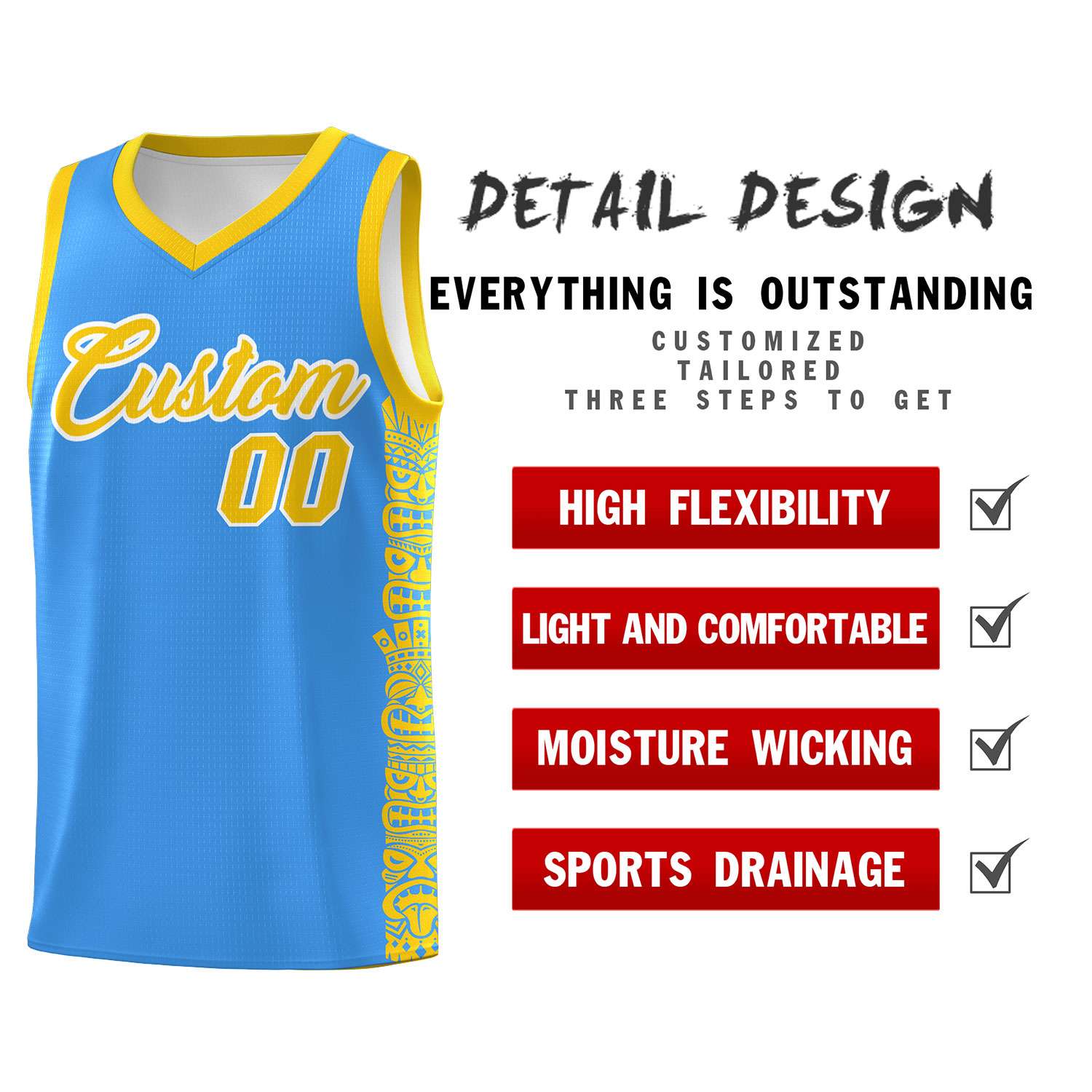 Custom Powder Blue Gold Personalized Indians Pattern Sets Sports Uniform Basketball Jersey