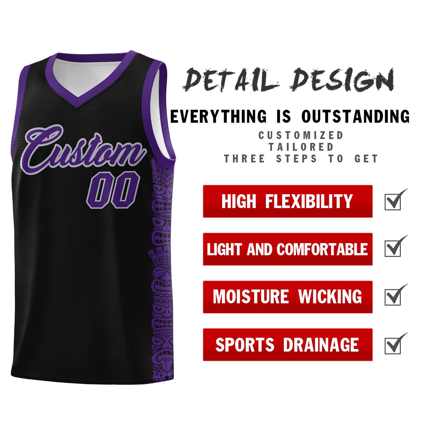 Custom Black Purple Personalized Indians Pattern Sets Sports Uniform Basketball Jersey