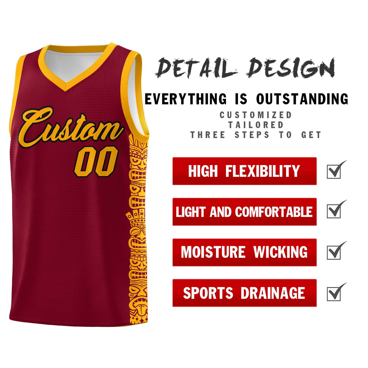 Custom Crimson Yellow Personalized Indians Pattern Sets Sports Uniform Basketball Jersey