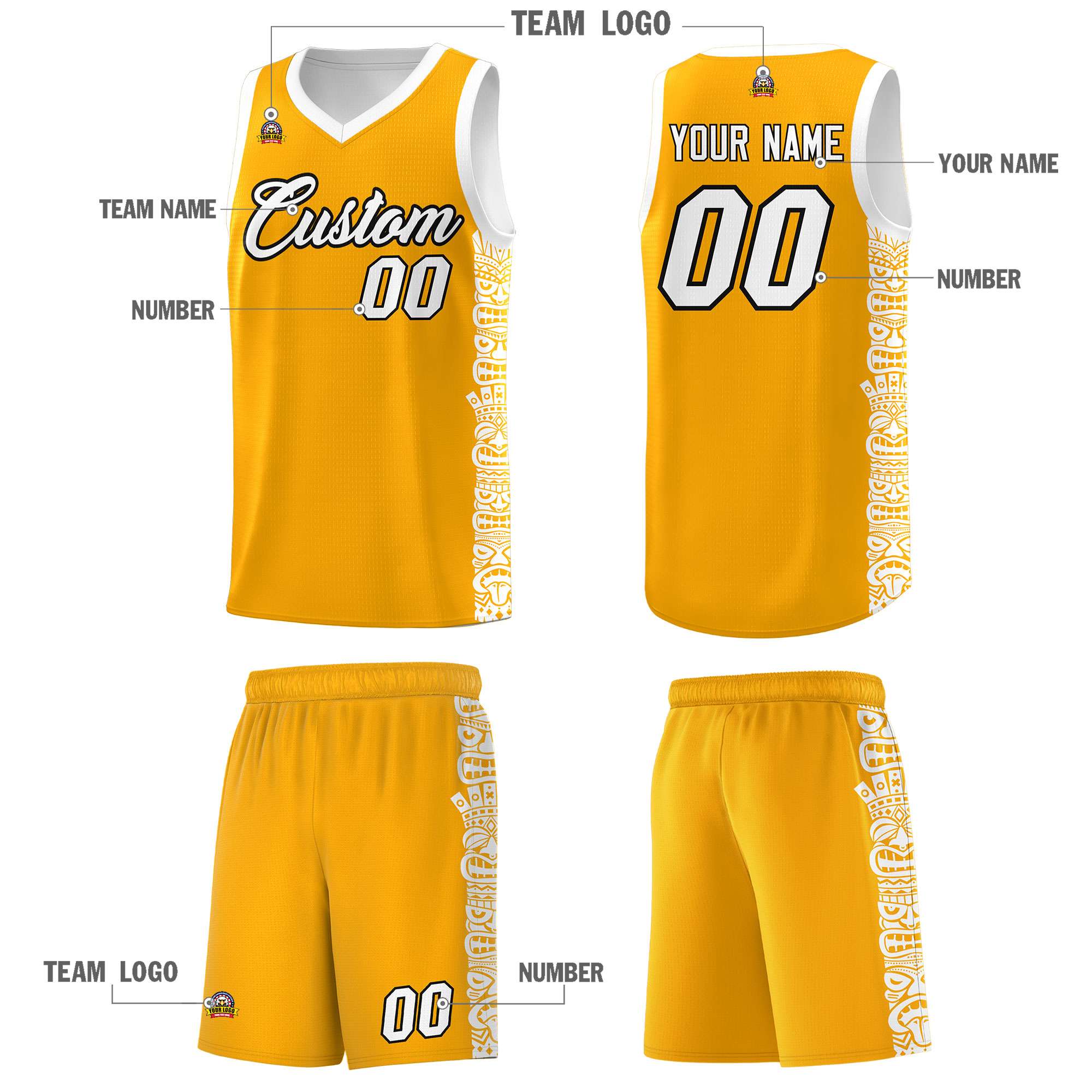 Custom Yellow White Personalized Indians Pattern Sets Sports Uniform Basketball Jersey