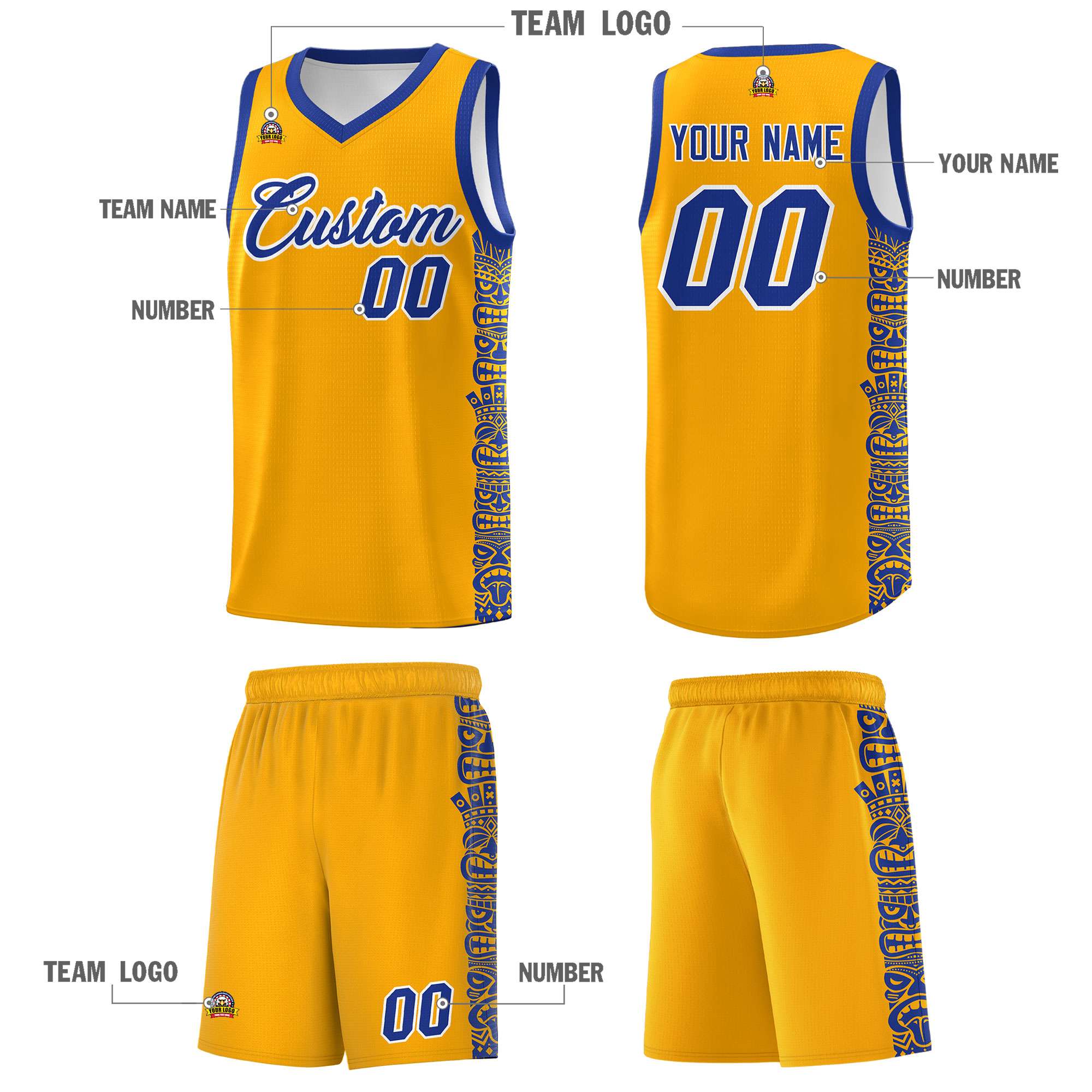 Custom Yellow Royal Personalized Indians Pattern Sets Sports Uniform Basketball Jersey