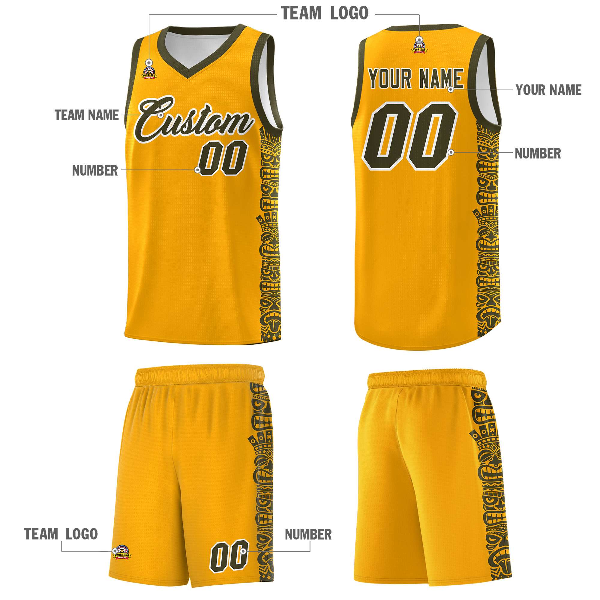 Custom Yellow Olive Personalized Indians Pattern Sets Sports Uniform Basketball Jersey