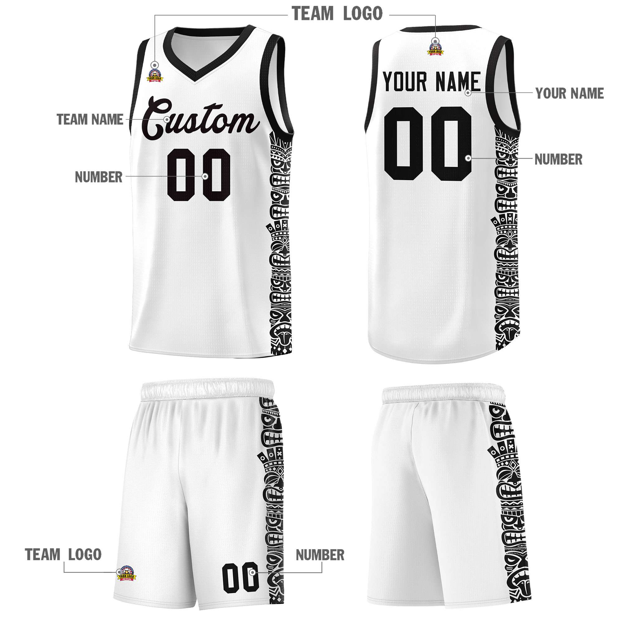 Custom White Black Personalized Indians Pattern Sets Sports Uniform Basketball Jersey