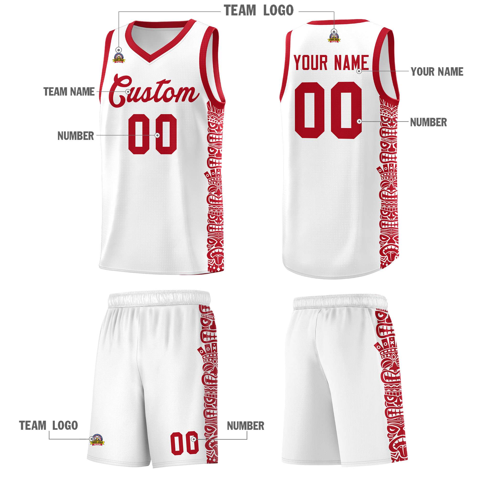 Custom White Red Personalized Indians Pattern Sets Sports Uniform Basketball Jersey