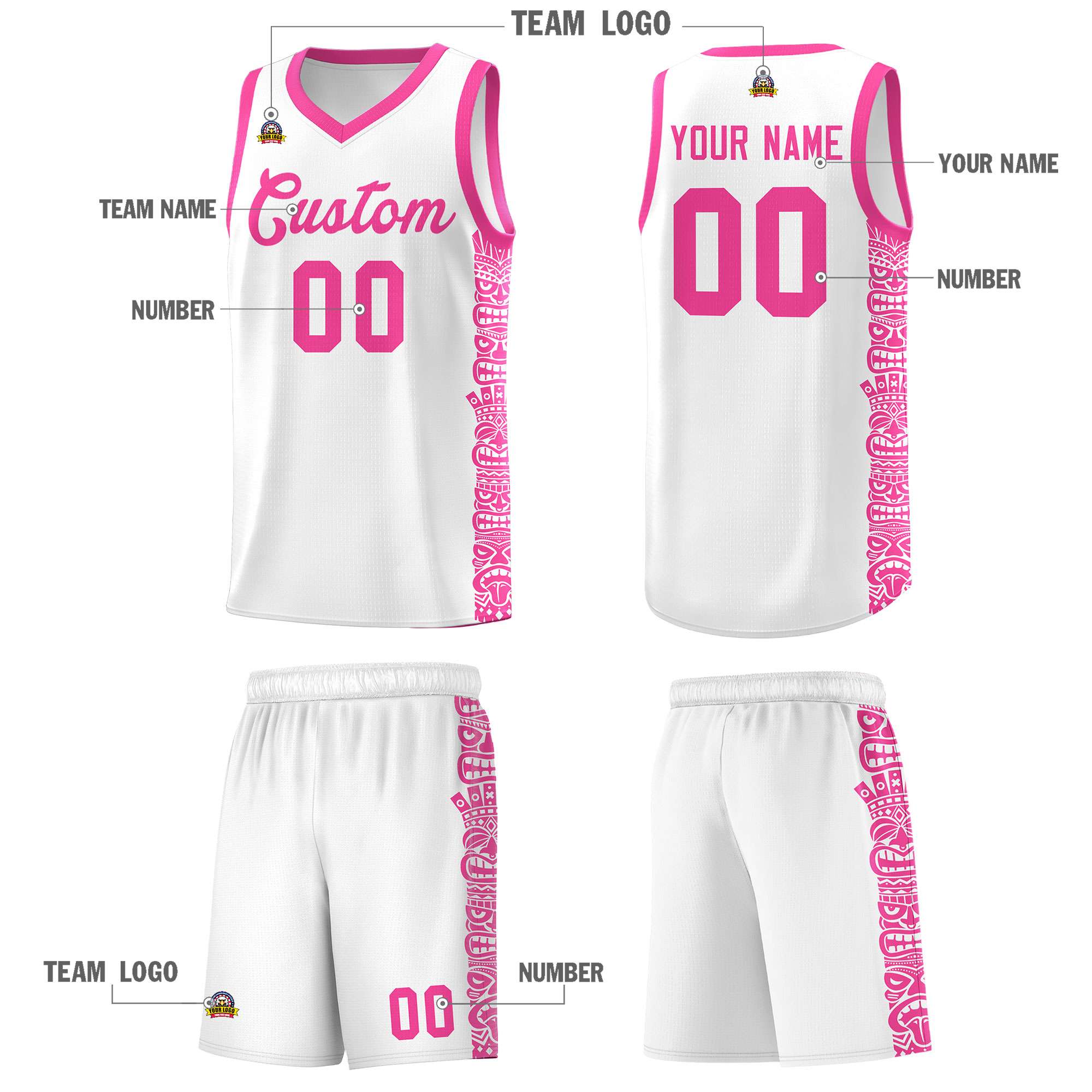 Custom White Pink Personalized Indians Pattern Sets Sports Uniform Basketball Jersey