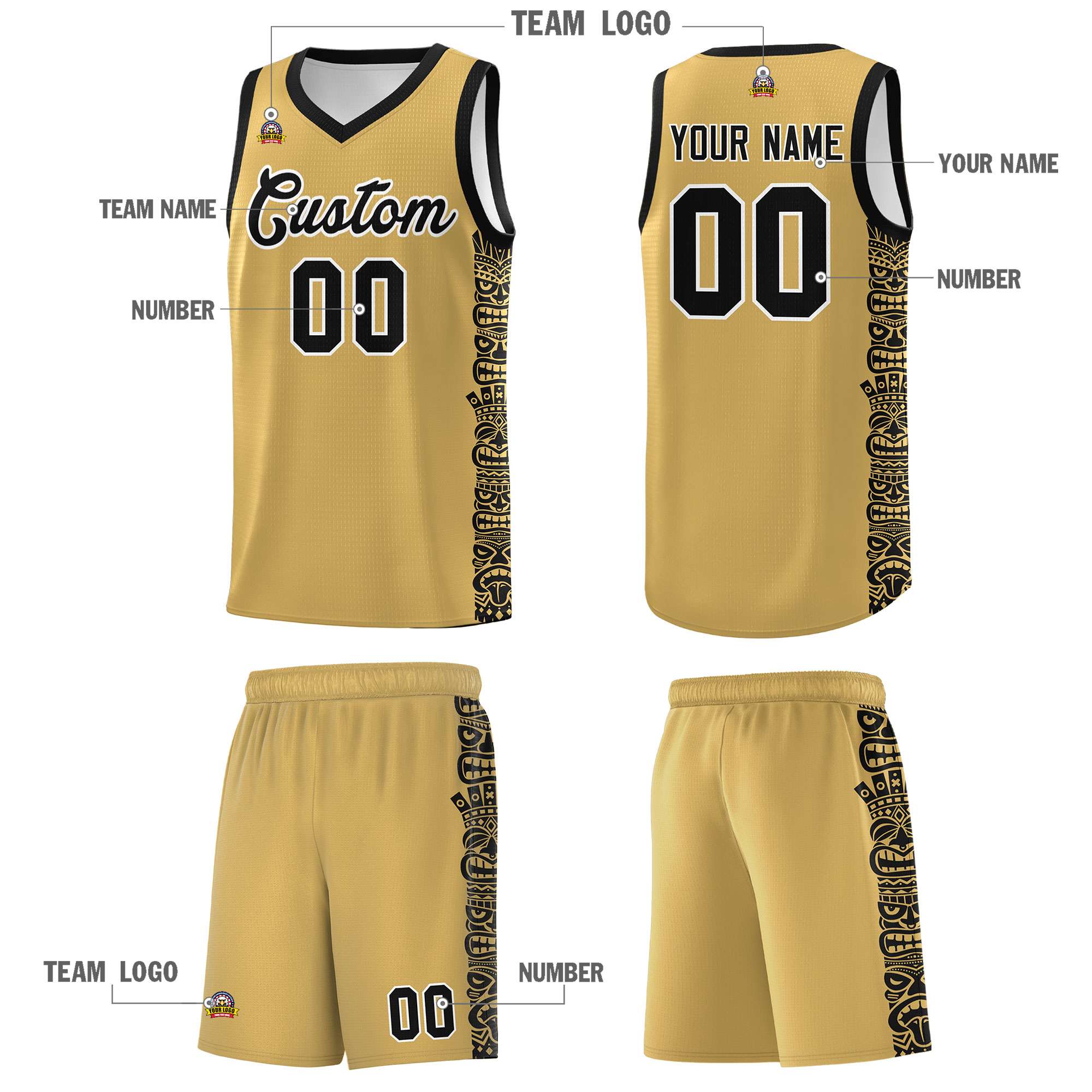 Custom Old Gold Black Personalized Indians Pattern Sets Sports Uniform Basketball Jersey