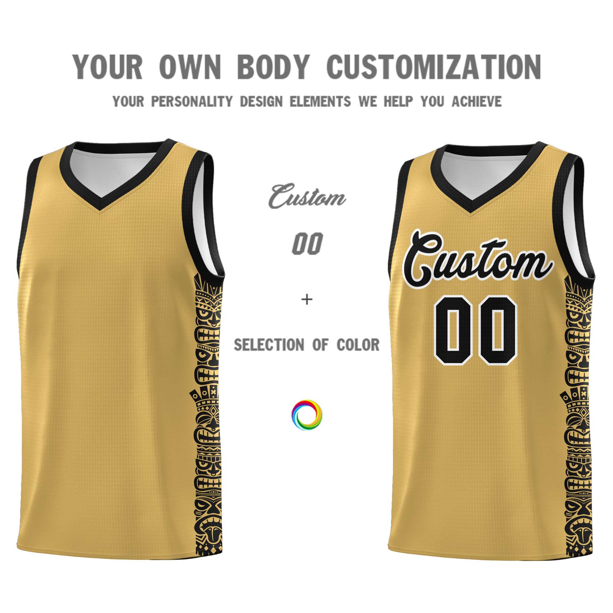 Custom Old Gold Black Personalized Indians Pattern Sets Sports Uniform Basketball Jersey