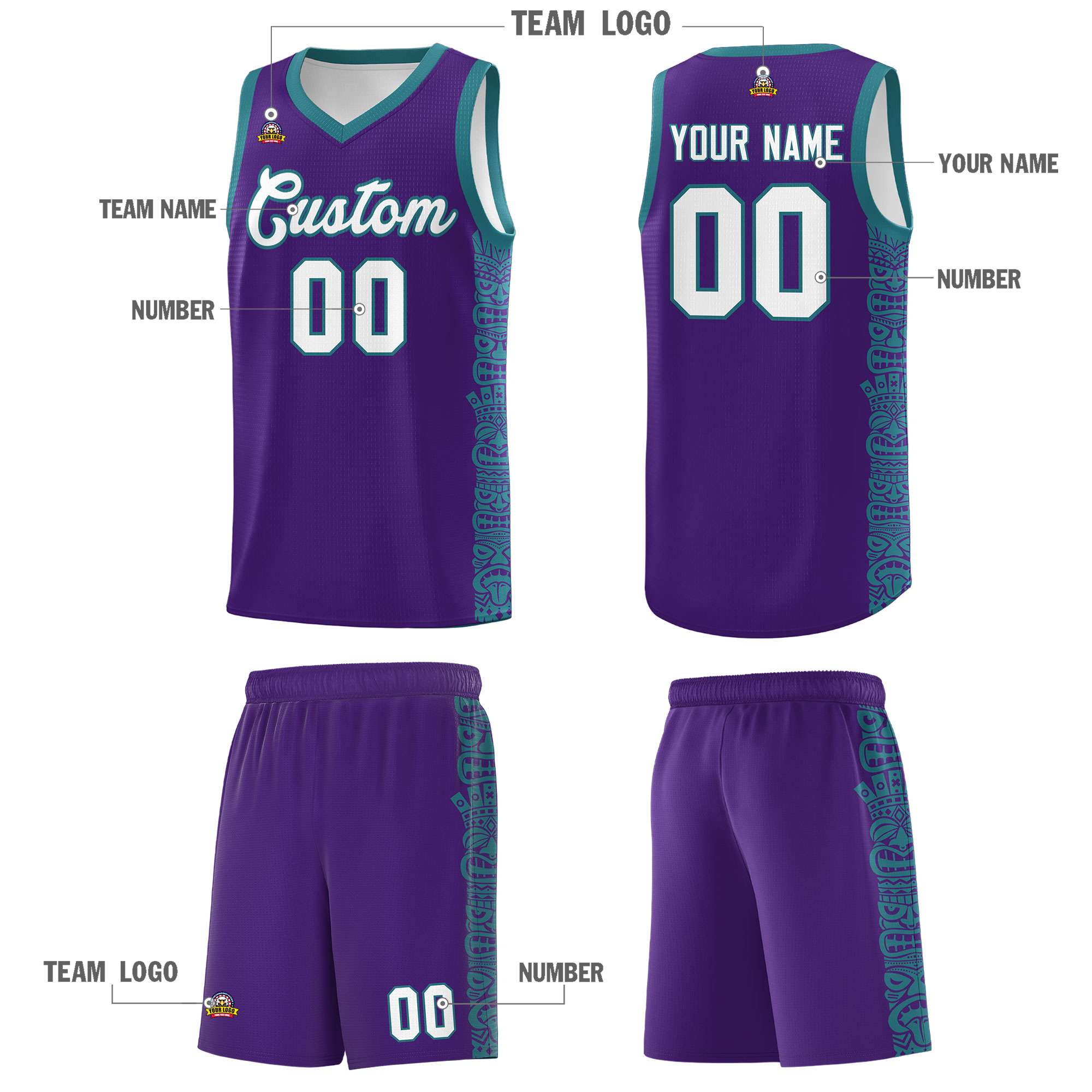 Custom Purple Aqua Personalized Indians Pattern Sets Sports Uniform Basketball Jersey