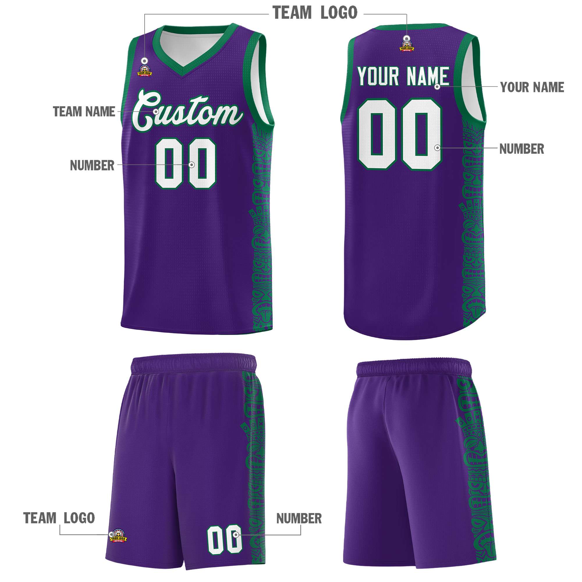 Custom Purple Kelly Green Personalized Indians Pattern Sets Sports Uniform Basketball Jersey