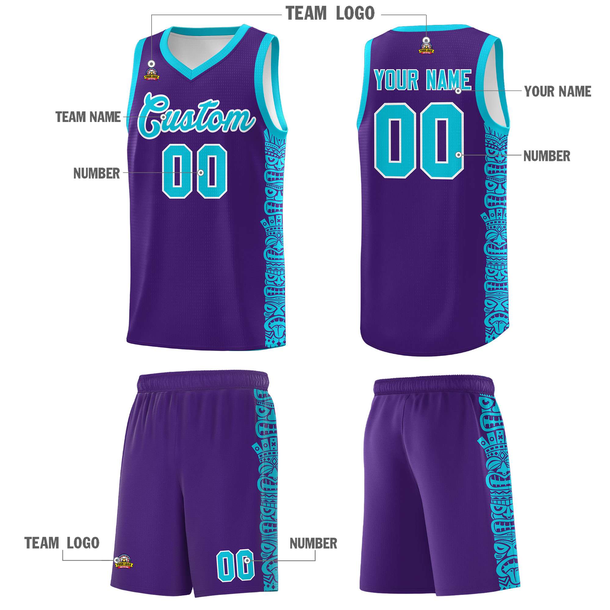 Custom Purple Sky Blue Personalized Indians Pattern Sets Sports Uniform Basketball Jersey