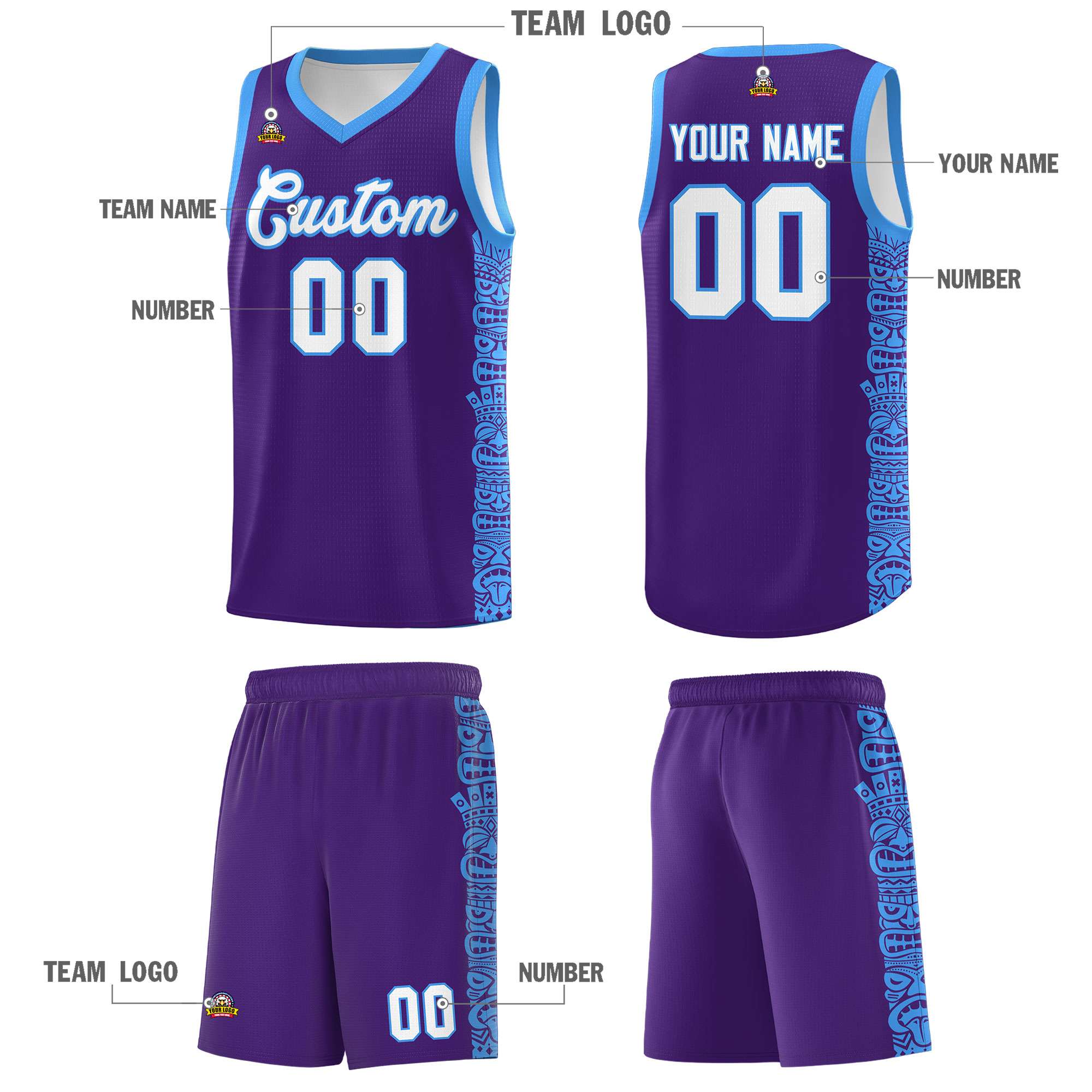 Custom Purple Powder Blue Personalized Indians Pattern Sets Sports Uniform Basketball Jersey