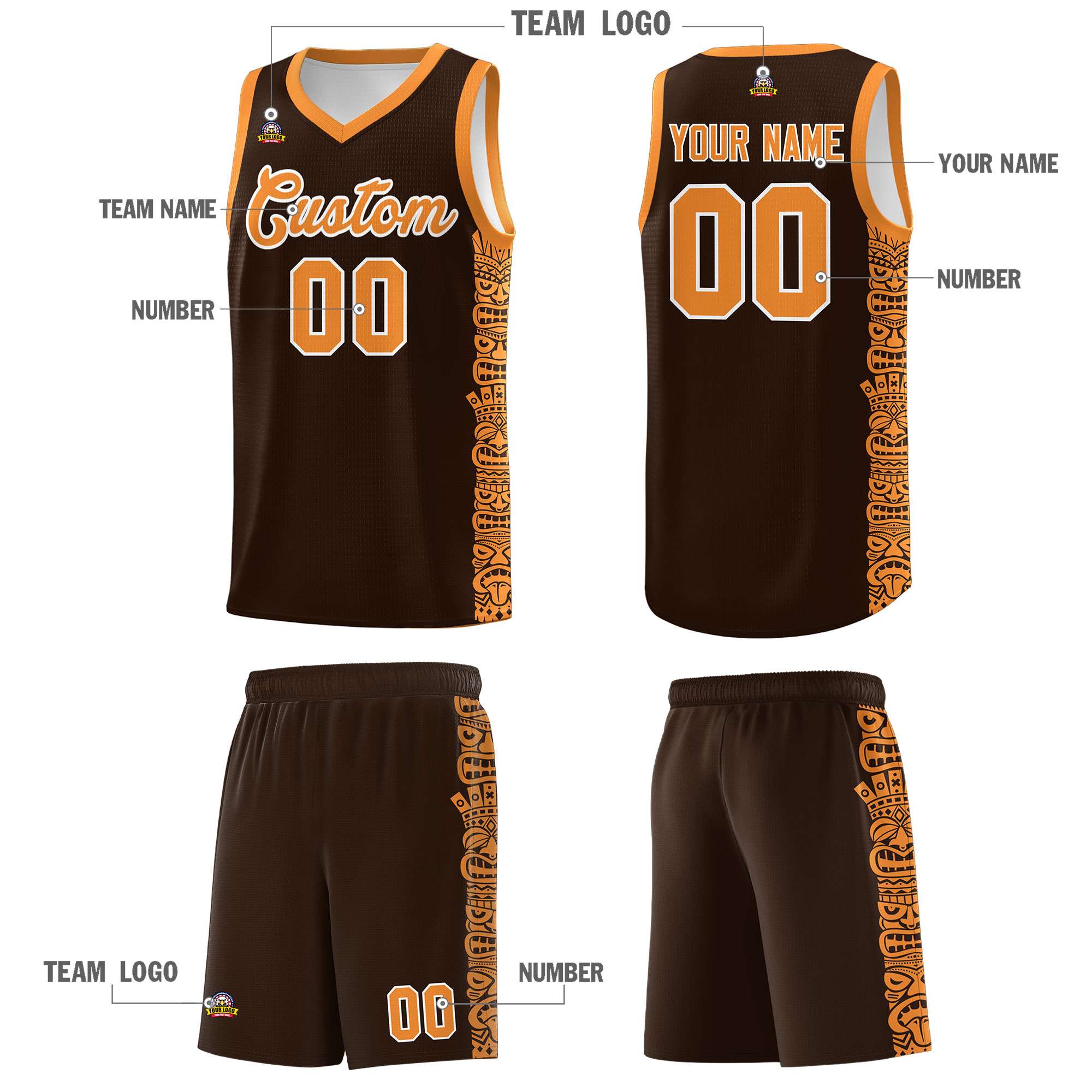 Custom Brown Orange Personalized Indians Pattern Sets Sports Uniform Basketball Jersey