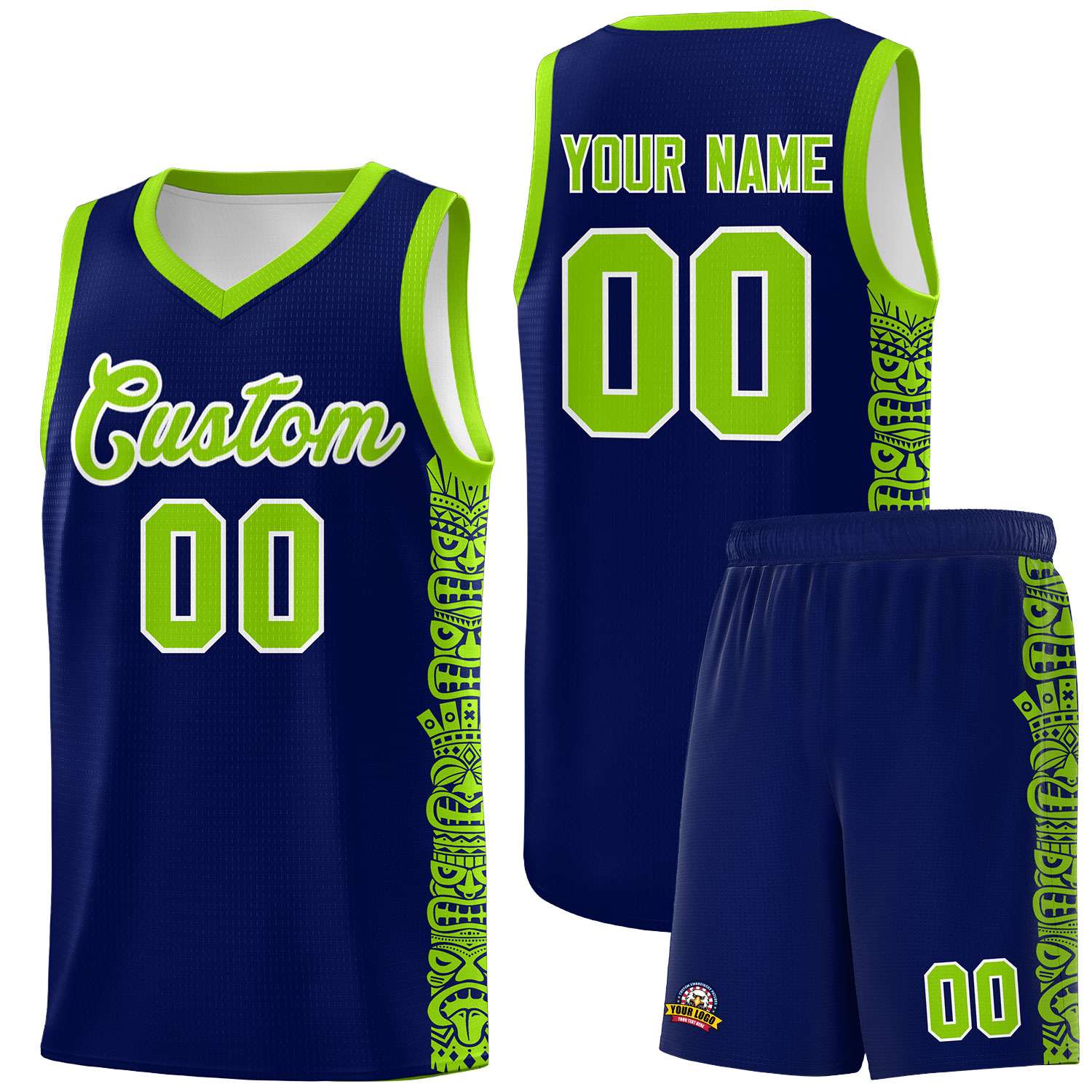 Custom Navy Neon Green Personalized Indians Pattern Sets Sports Uniform Basketball Jersey